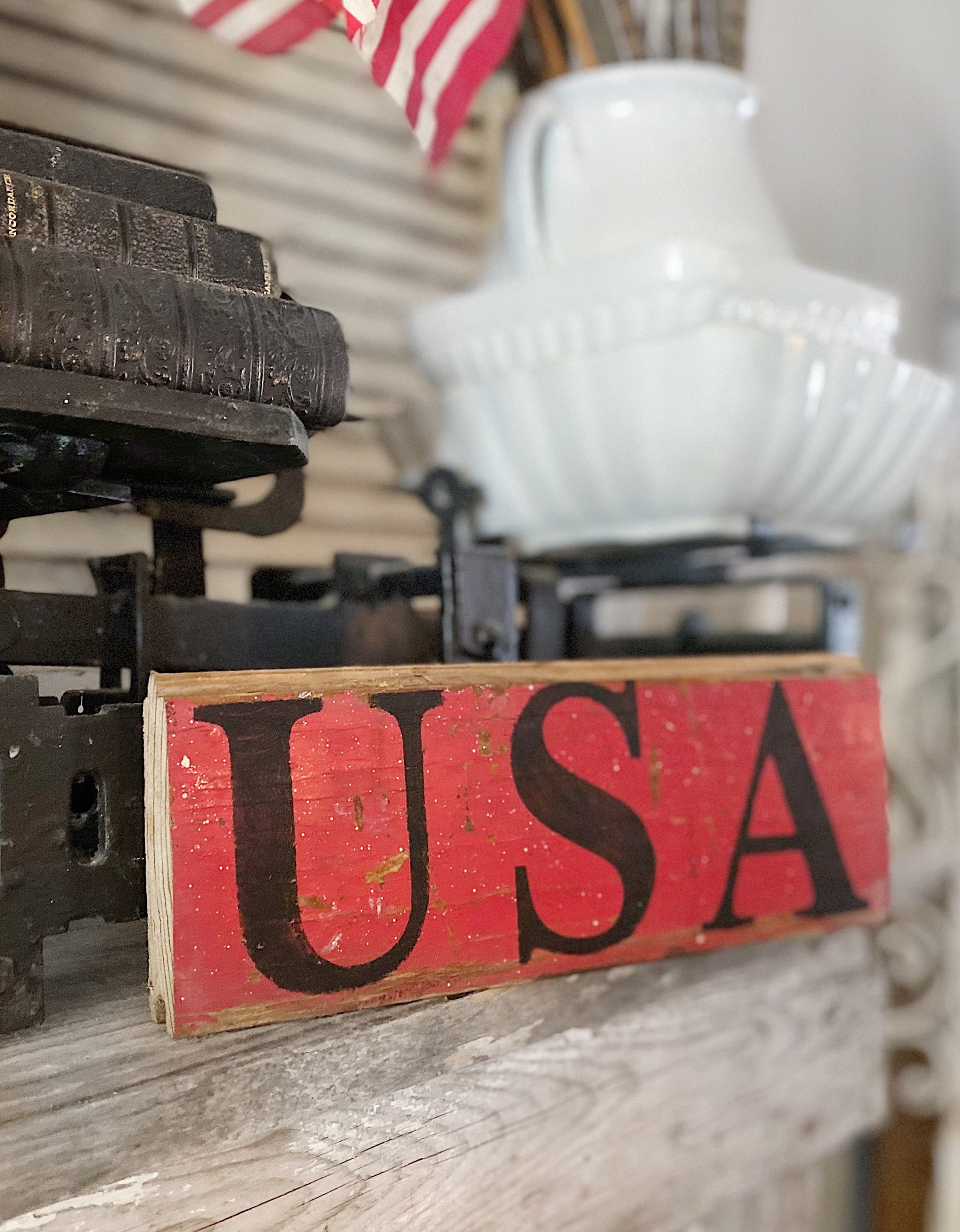 USA Sign Chippy RED Original Authentic Paint FARMHOUSE Vintage Salvaged Barn Wood Reclaimed Architectural Black Primitive Americana Decor
