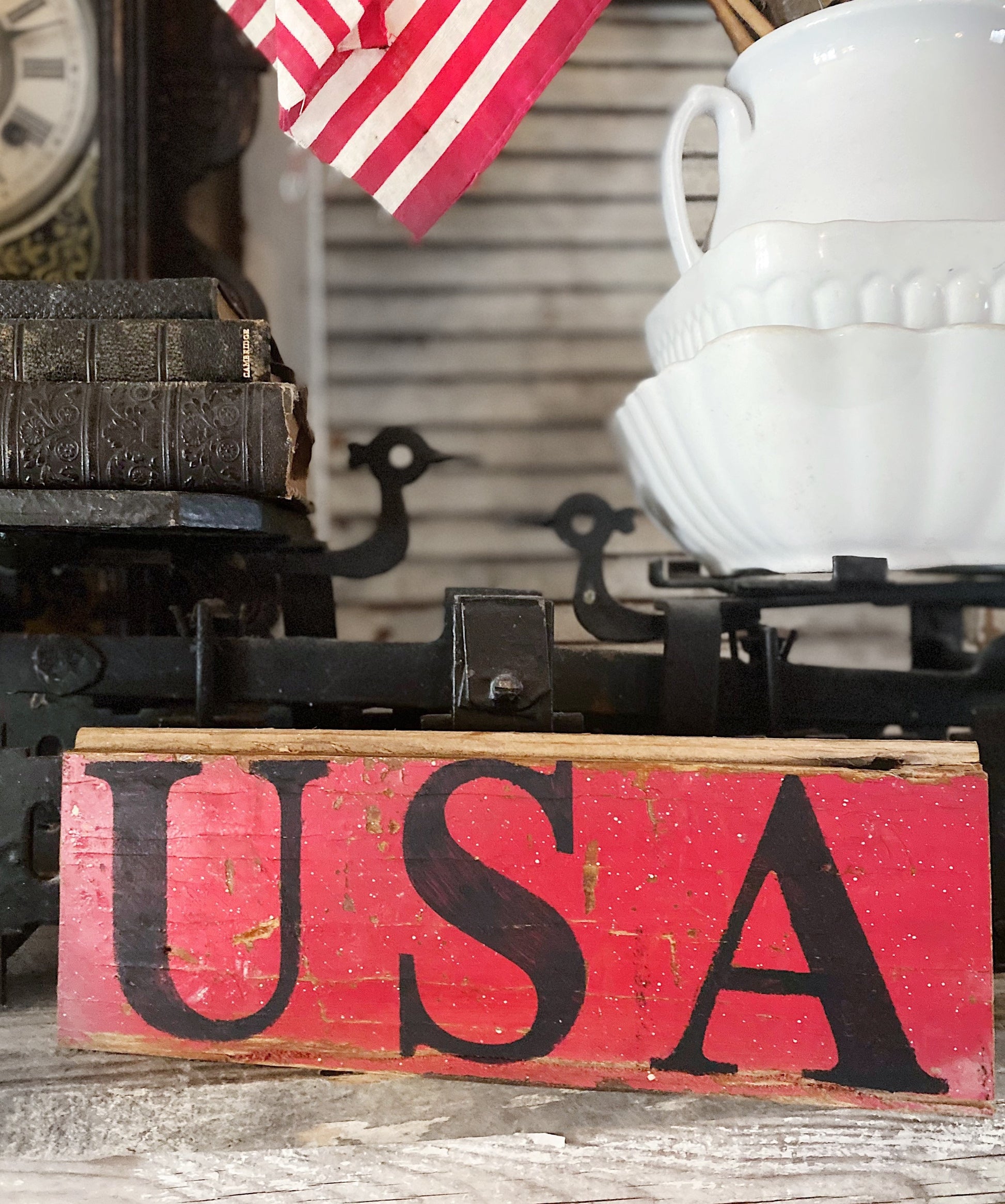 USA Sign Chippy RED Original Authentic Paint FARMHOUSE Vintage Salvaged Barn Wood Reclaimed Architectural Black Primitive Americana Decor