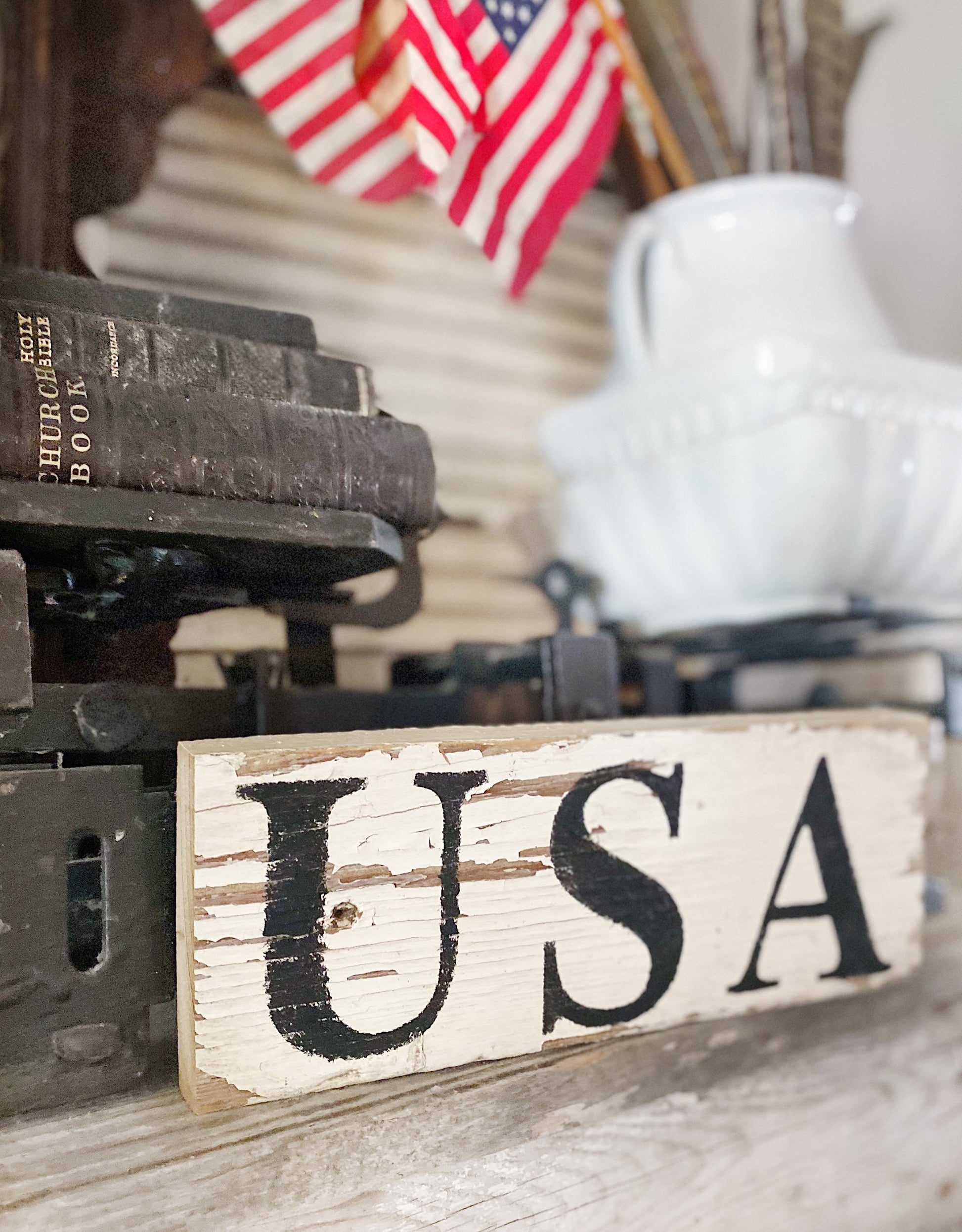 USA Sign Chippy WHITE Original Authentic Paint FARMHOUSE Vintage Salvaged Barn Wood Reclaimed Architectural Black Primitive Americana Decor