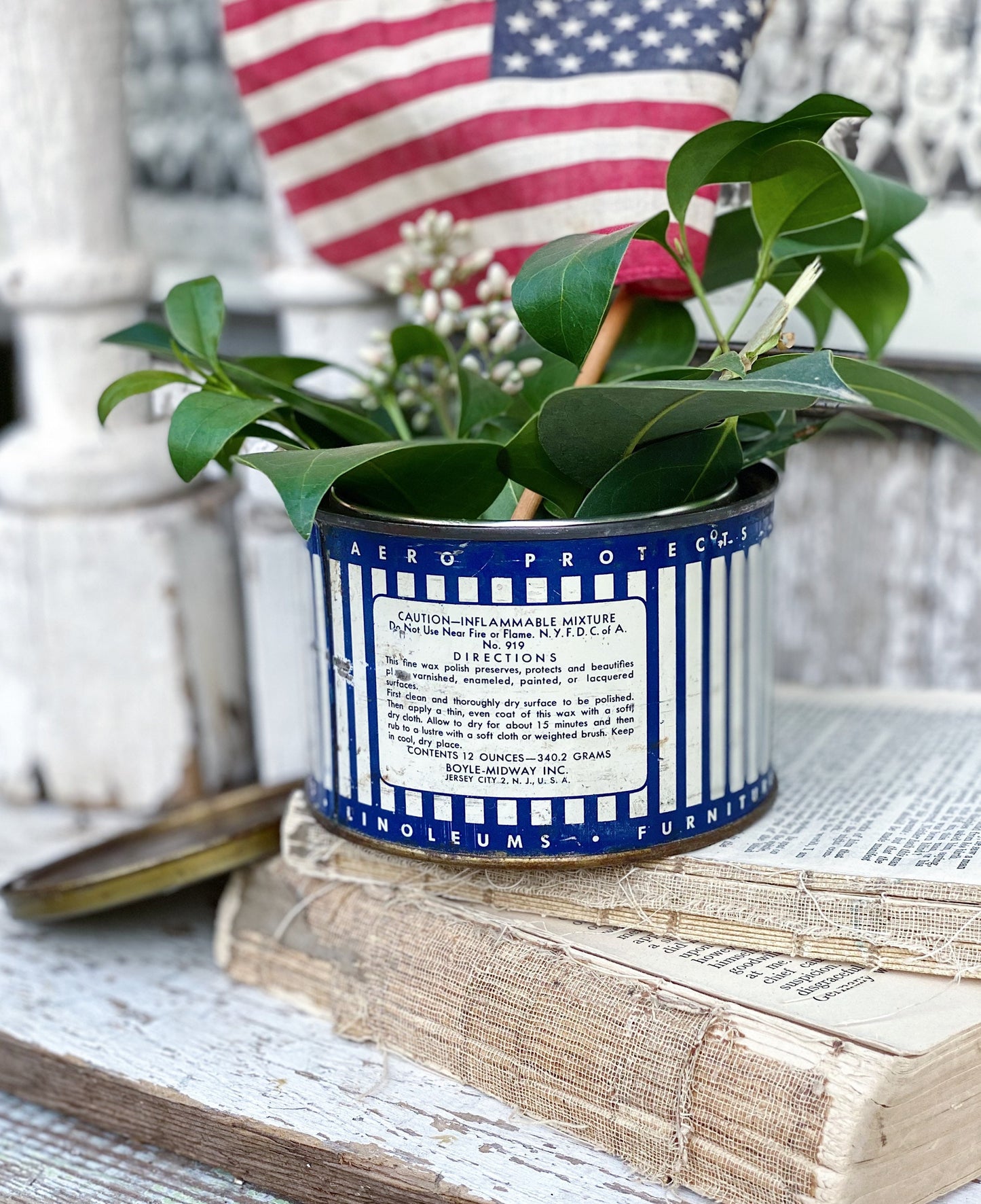 Antique AERO Paste Wax Tin Can, Blue Americana Farmhouse Decor