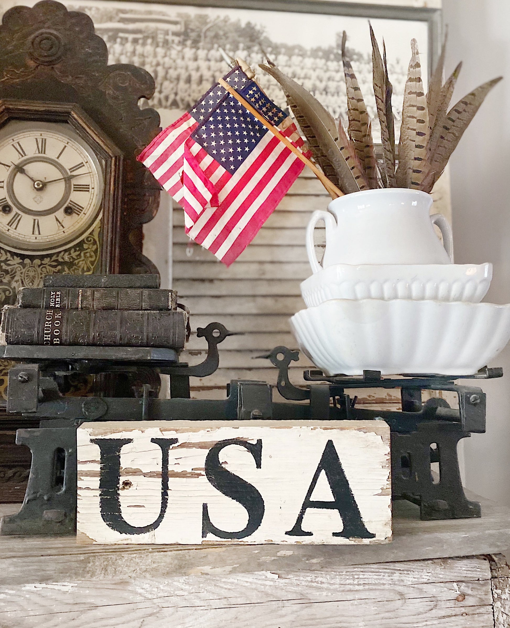 USA Sign Chippy WHITE Original Authentic Paint FARMHOUSE Vintage Salvaged Barn Wood Reclaimed Architectural Black Primitive Americana Decor