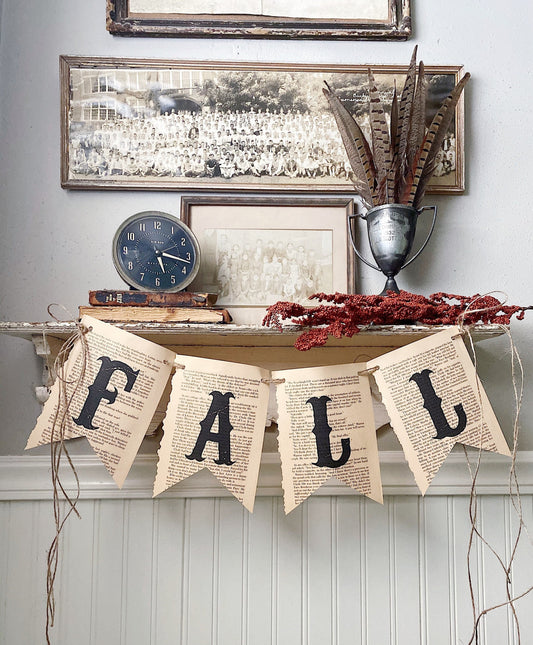 FALL Banner Vintage Book Page BANNER Bunting Pennant Sign Farmhouse Decor Garland Rustic School Book Page Art