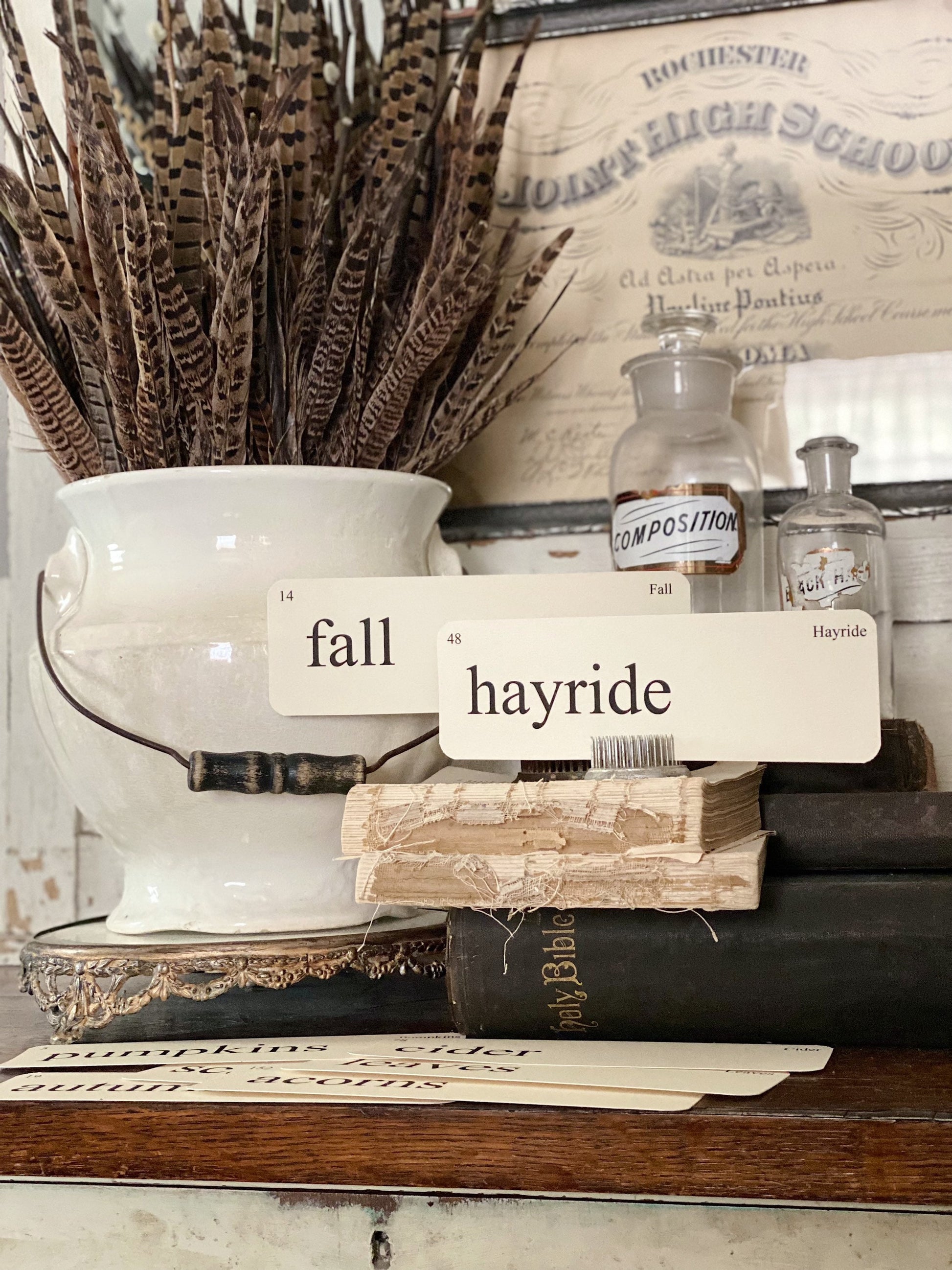 Fall Flash Cards, Farmhouse Autumn Decor (Set of 8) Vintage Style