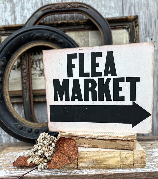 FLEA MARKET Wood Sign Vintage Antique Farmhouse Decor Wall Art Print Decor Black Aged Cream Sign