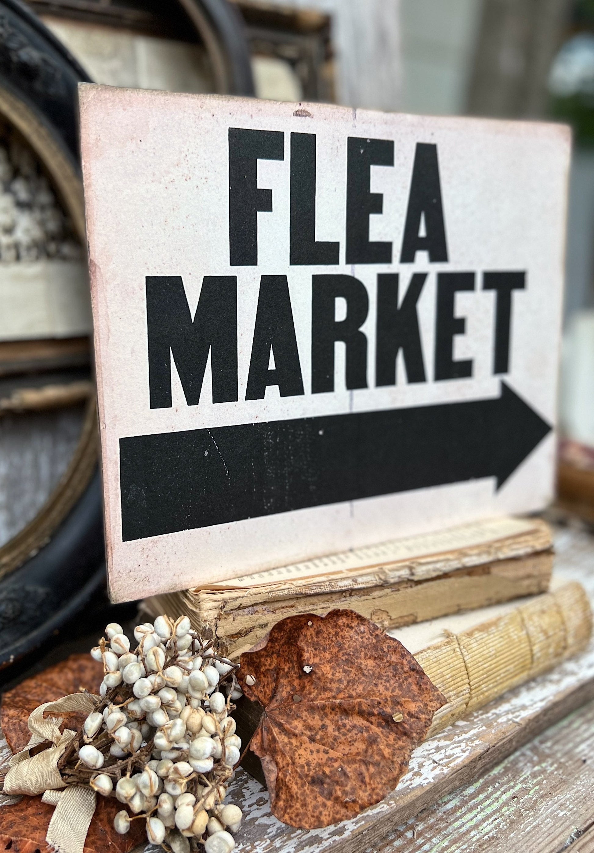 FLEA MARKET Wood Sign Vintage Antique Farmhouse Decor Wall Art Print Decor Black Aged Cream Sign