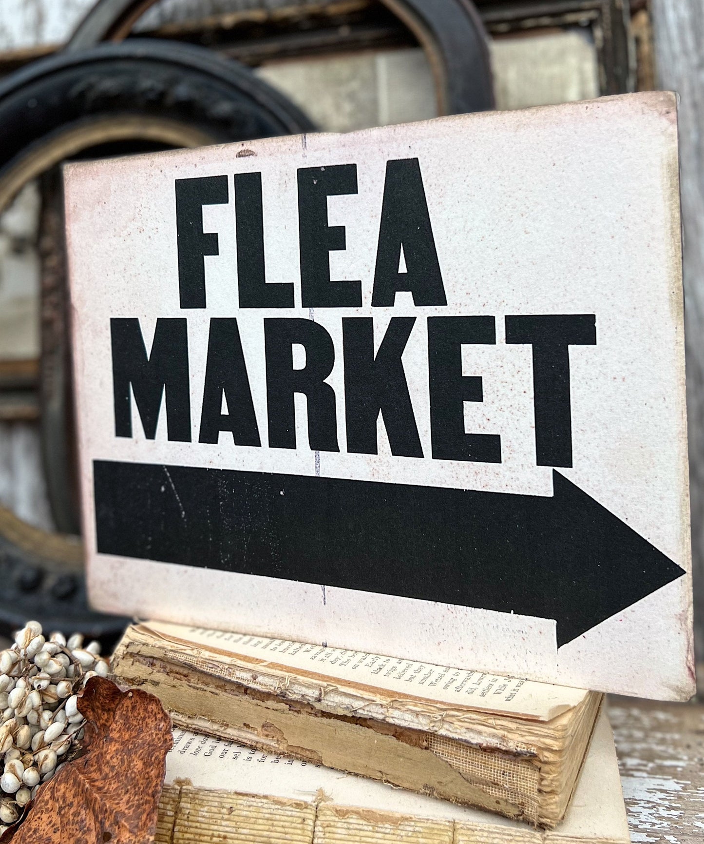 FLEA MARKET Wood Sign Vintage Antique Farmhouse Decor Wall Art Print Decor Black Aged Cream Sign