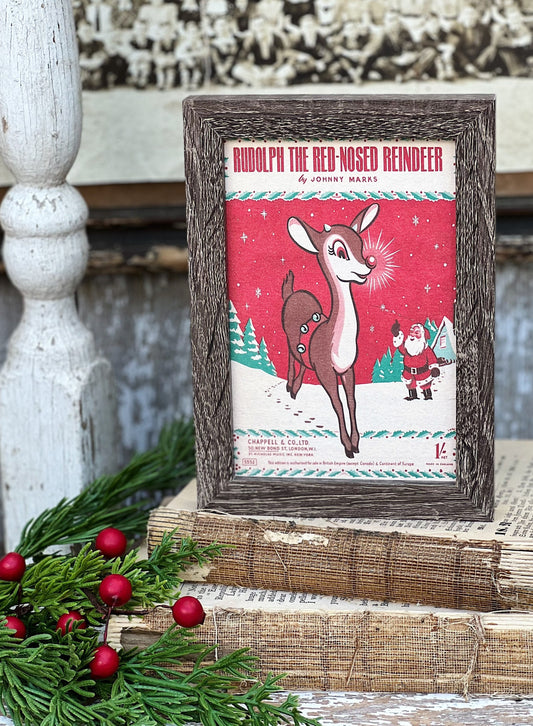 Vintage RUDOLPH REINDEER Sign Frame Farmhouse Christmas Winter Decor Barn Wood Rustic Primitive Framed Sign Illustration Retro