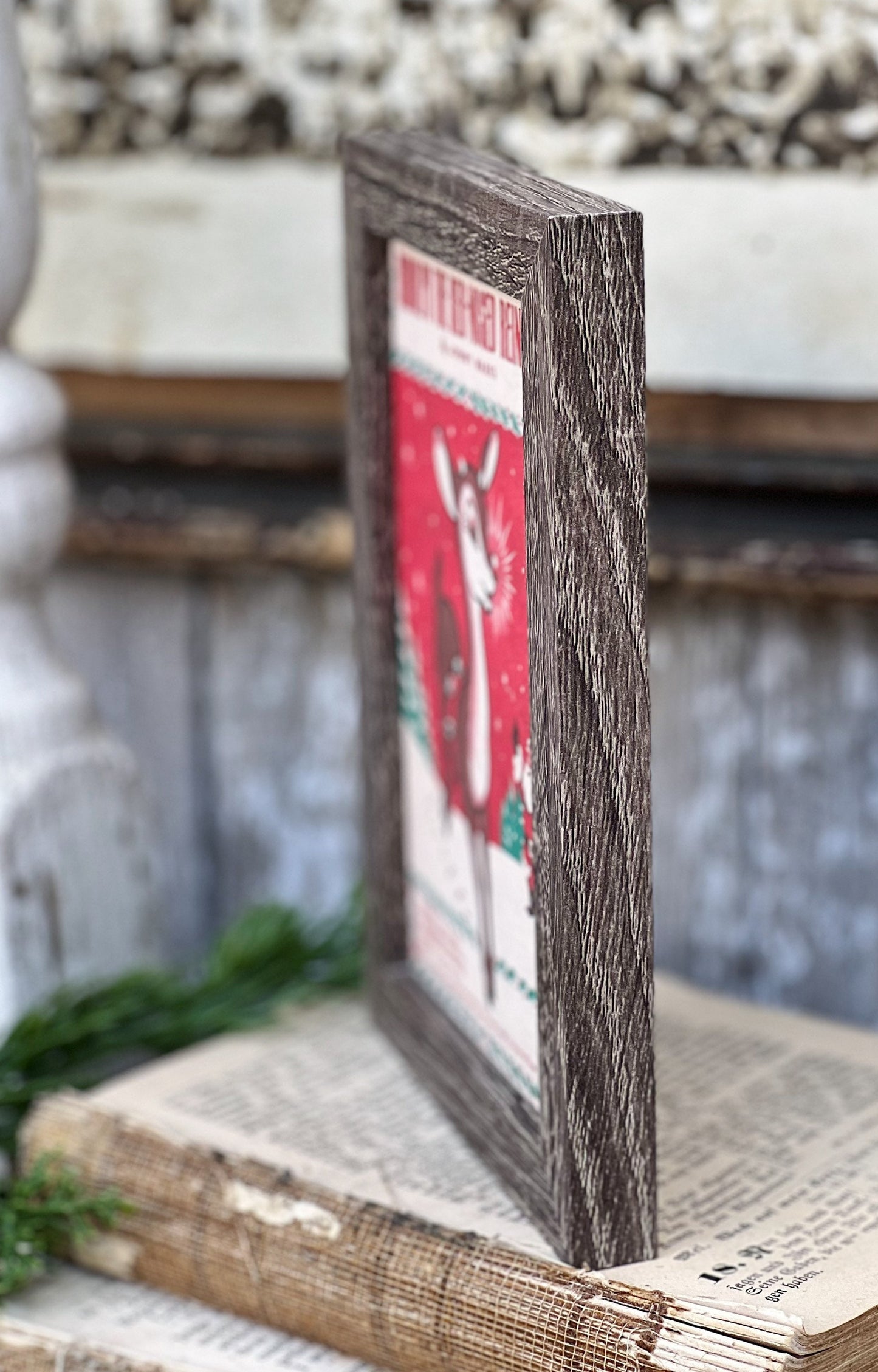 Vintage RUDOLPH REINDEER Sign Frame Farmhouse Christmas Winter Decor Barn Wood Rustic Primitive Framed Sign Illustration Retro