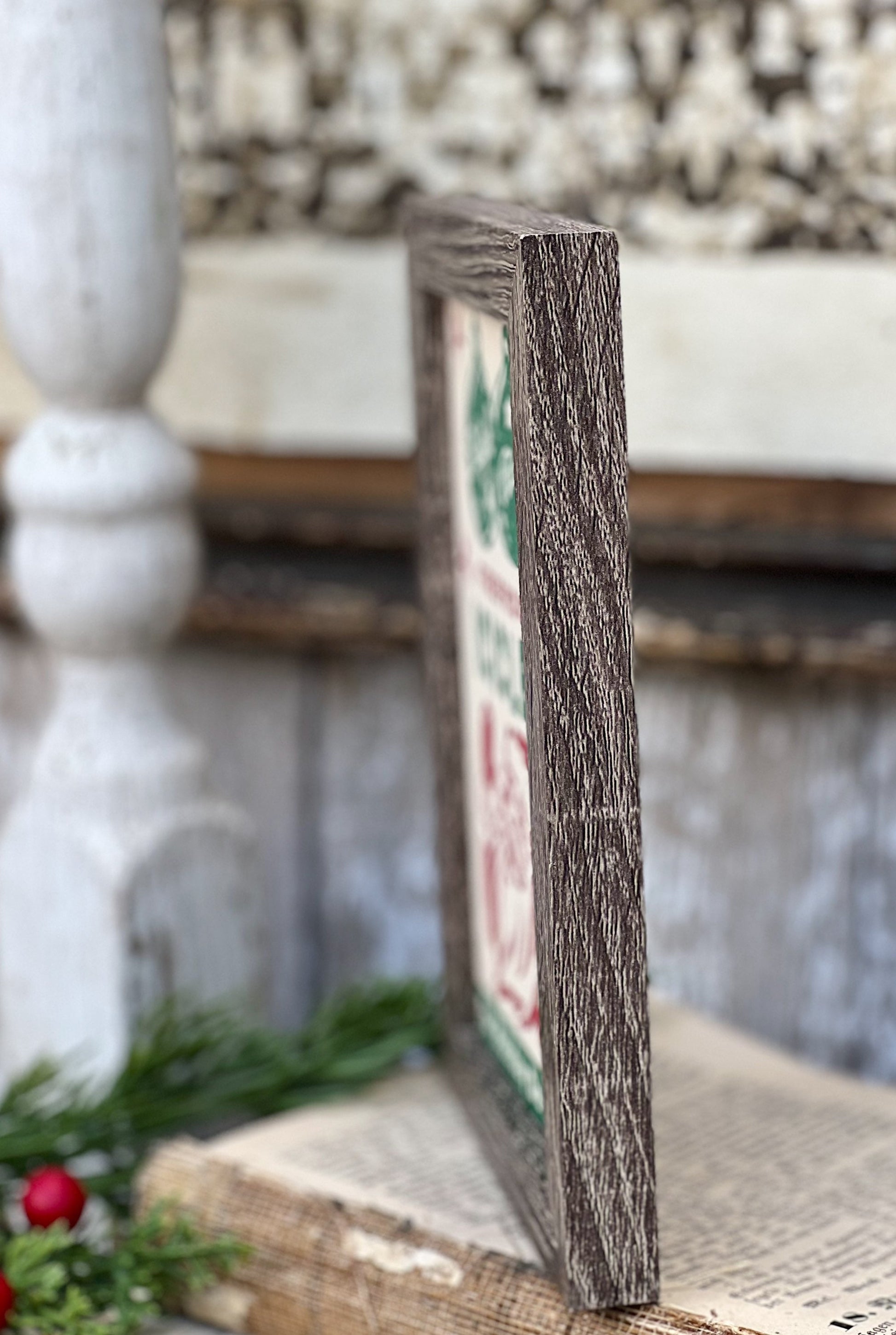 Vintage ICICLES SANTA Sign Frame Farmhouse Christmas Winter Decor Barn Wood Rustic Primitive Framed Sign Illustration Retro