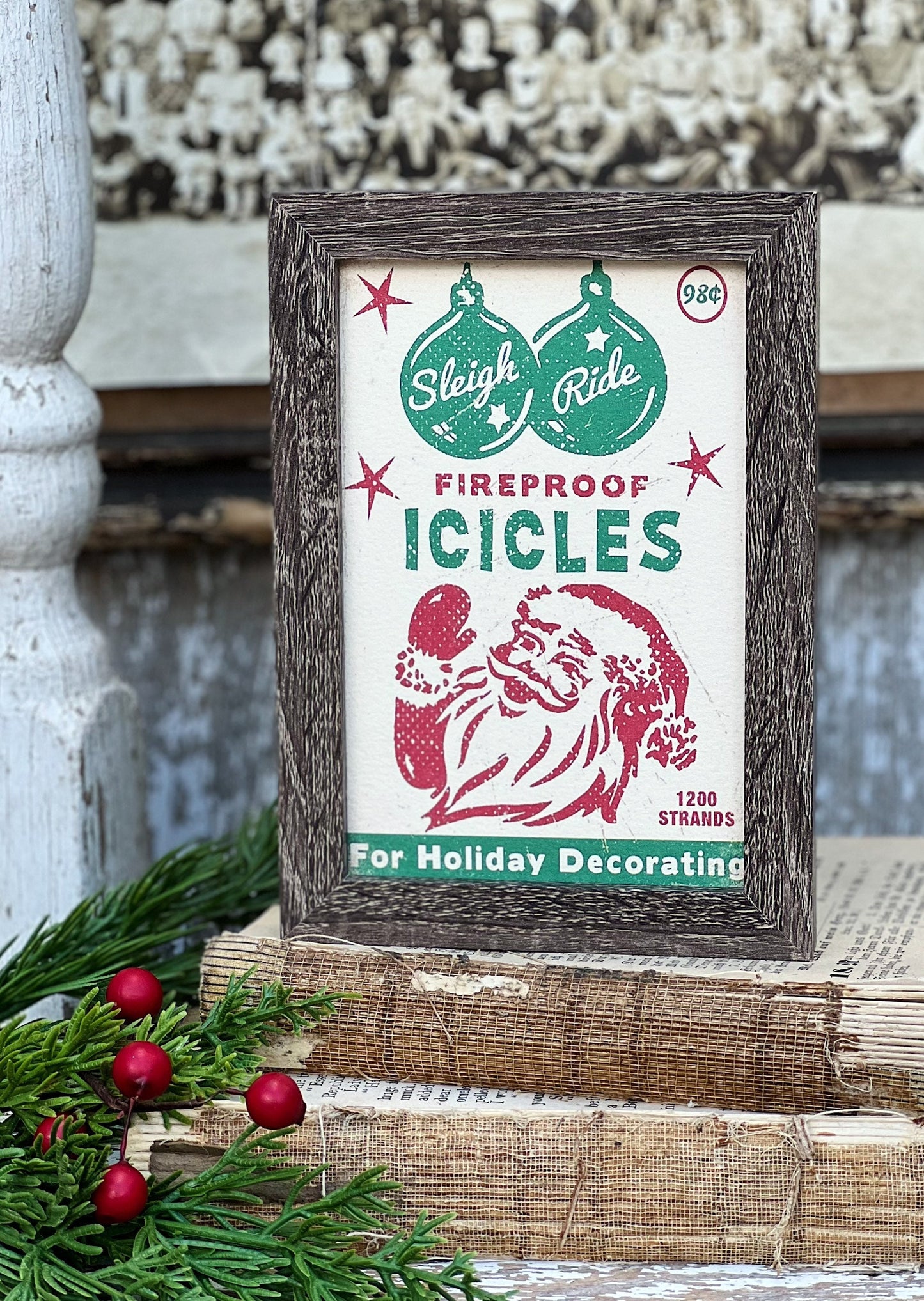 Vintage ICICLES SANTA Sign Frame Farmhouse Christmas Winter Decor Barn Wood Rustic Primitive Framed Sign Illustration Retro