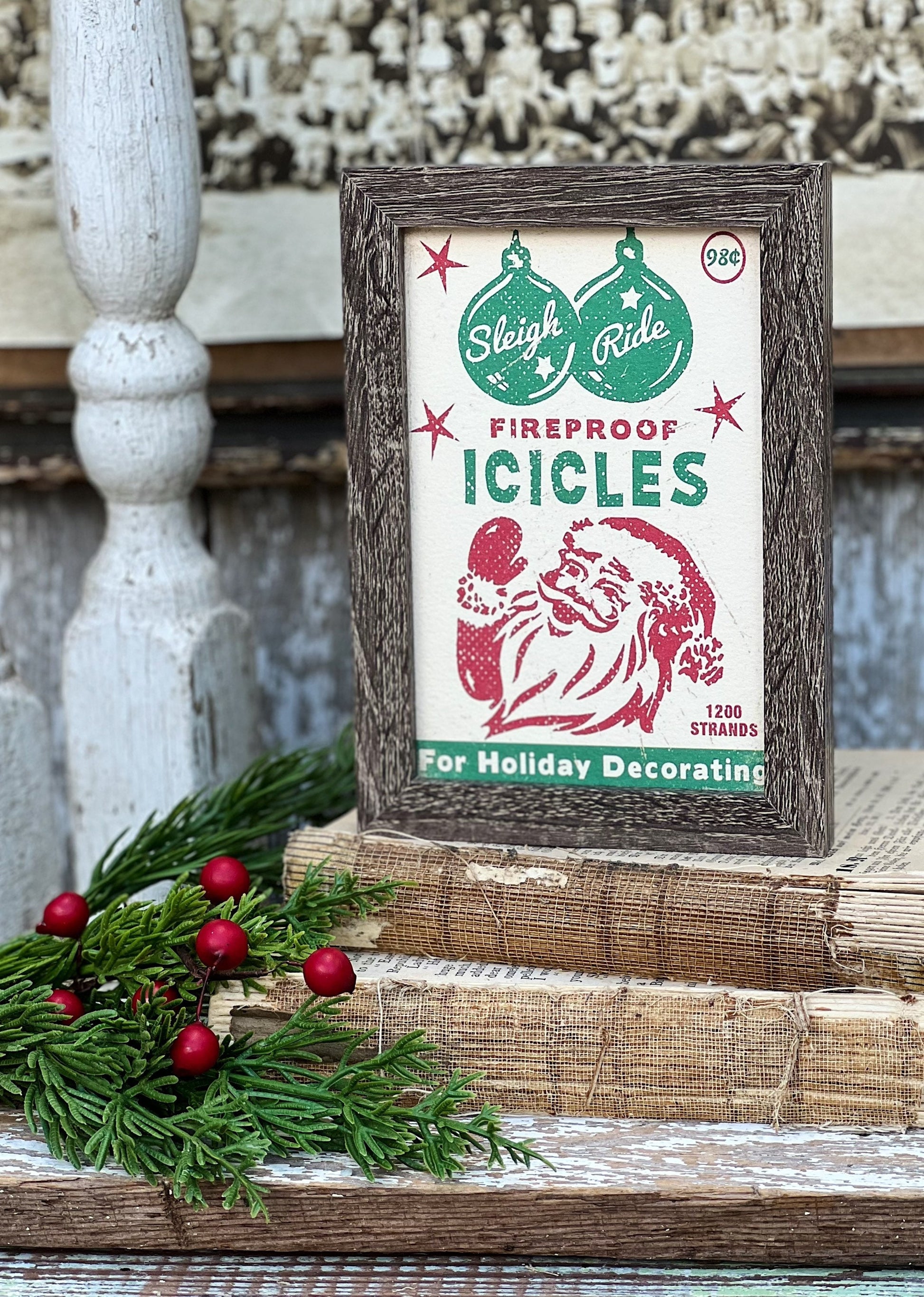 Vintage ICICLES SANTA Sign Frame Farmhouse Christmas Winter Decor Barn Wood Rustic Primitive Framed Sign Illustration Retro