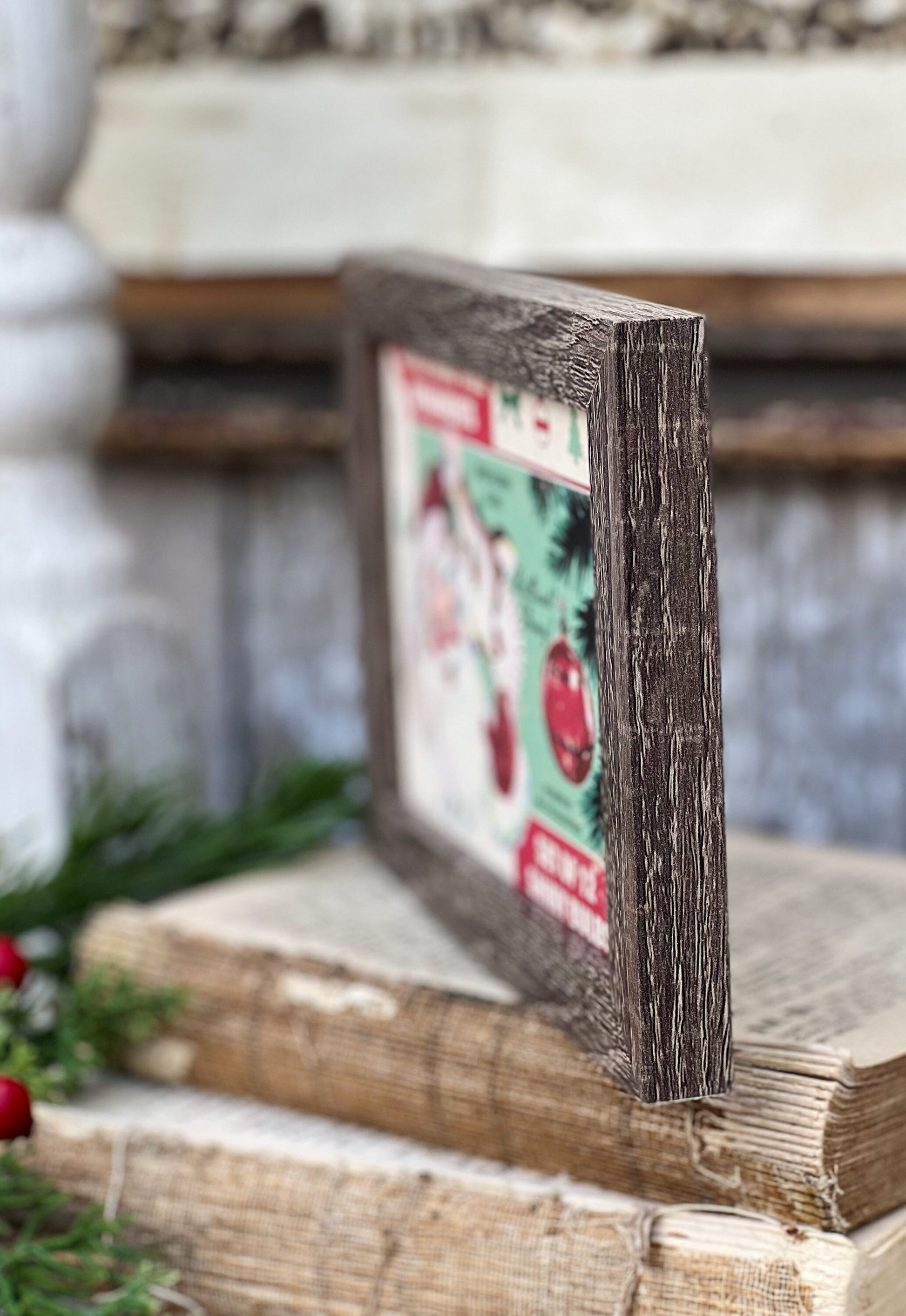 Vintage SANTA ORNAMENTS RUDOLPH Sign Frame Farmhouse Christmas Winter Decor Barn Wood Rustic Primitive Framed Sign Illustration Retro