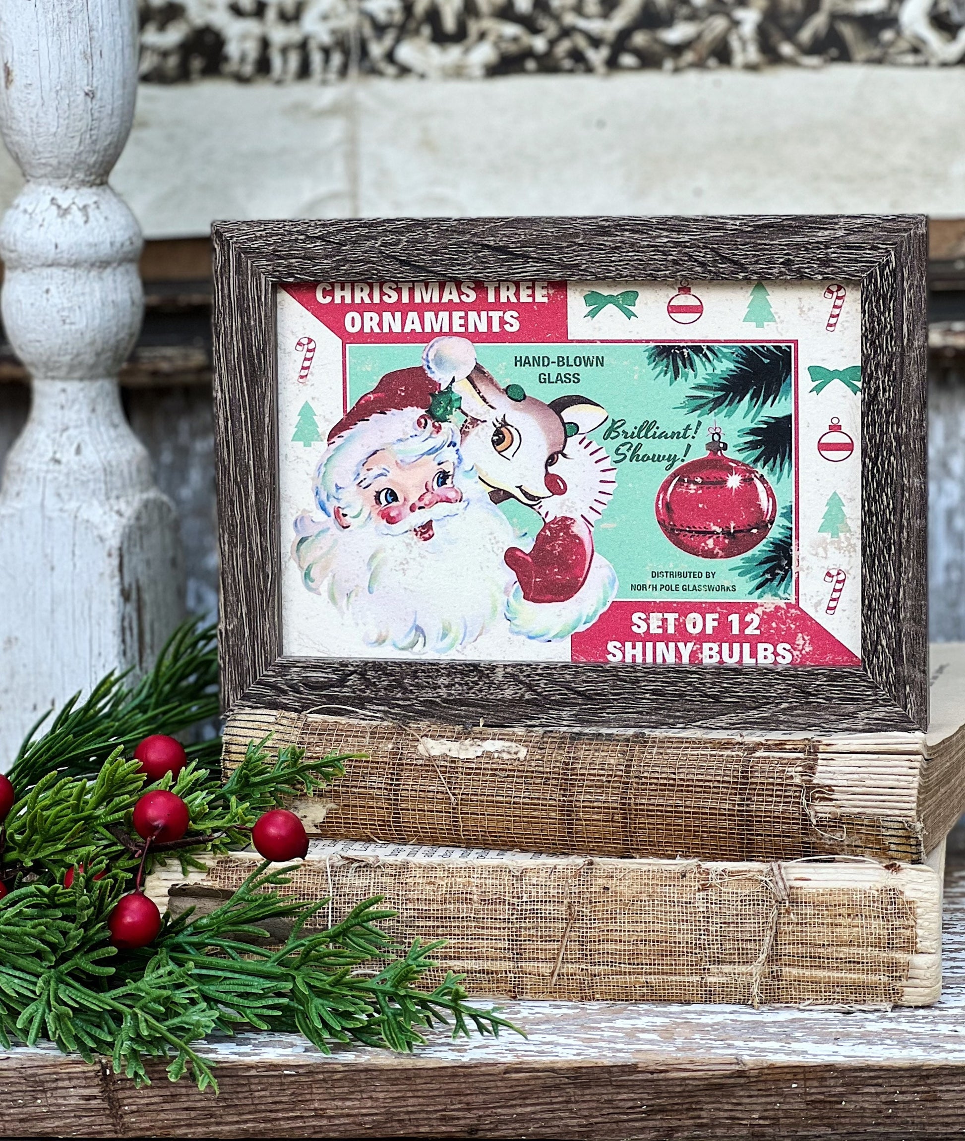 Vintage SANTA ORNAMENTS RUDOLPH Sign Frame Farmhouse Christmas Winter Decor Barn Wood Rustic Primitive Framed Sign Illustration Retro