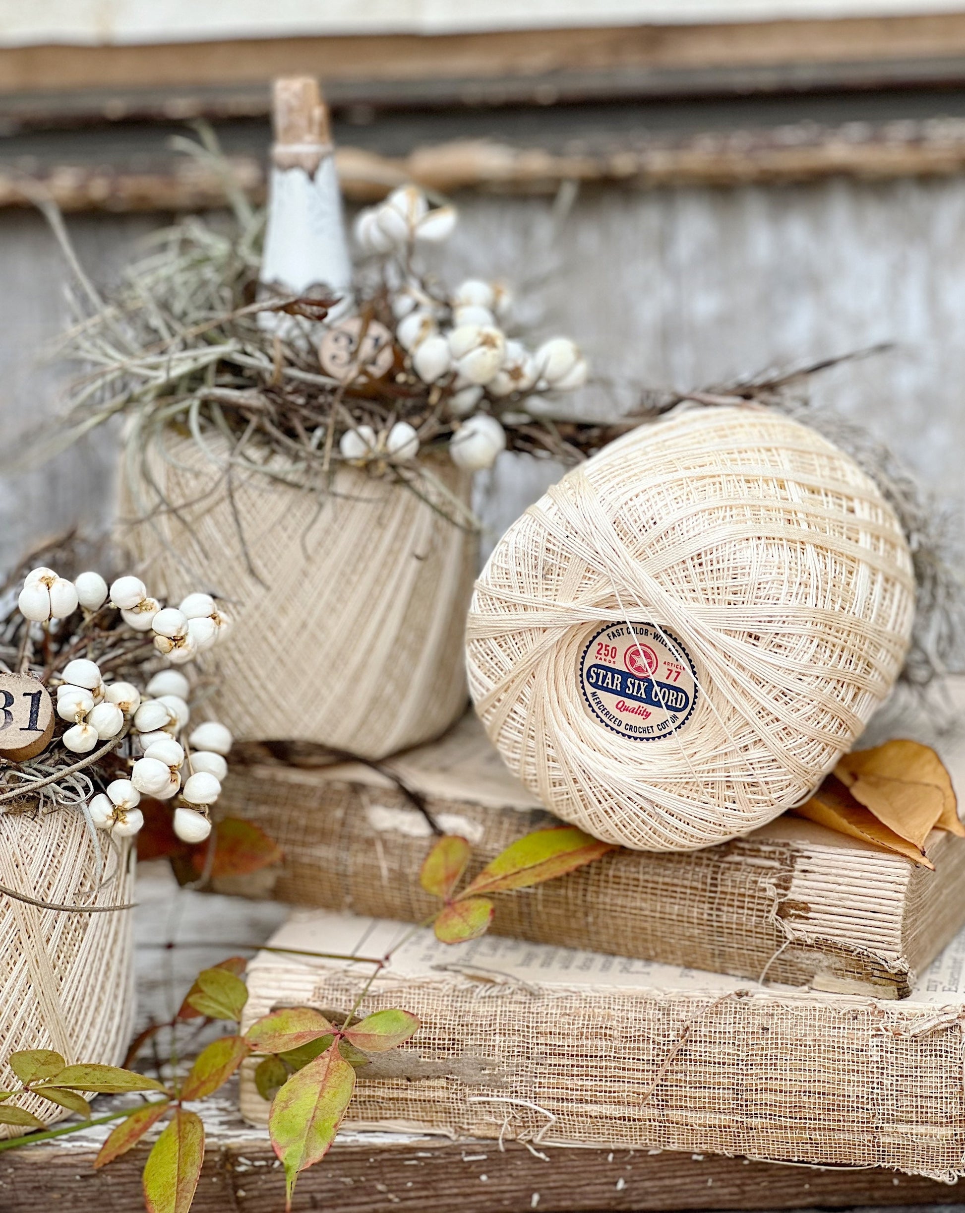 Vintage PUMPKIN Crochet Yarn Spool FALL Farmhouse Decor Industrial Salvage Star Six Cord Chippy Wood Tallow Berries HALLOWEEN