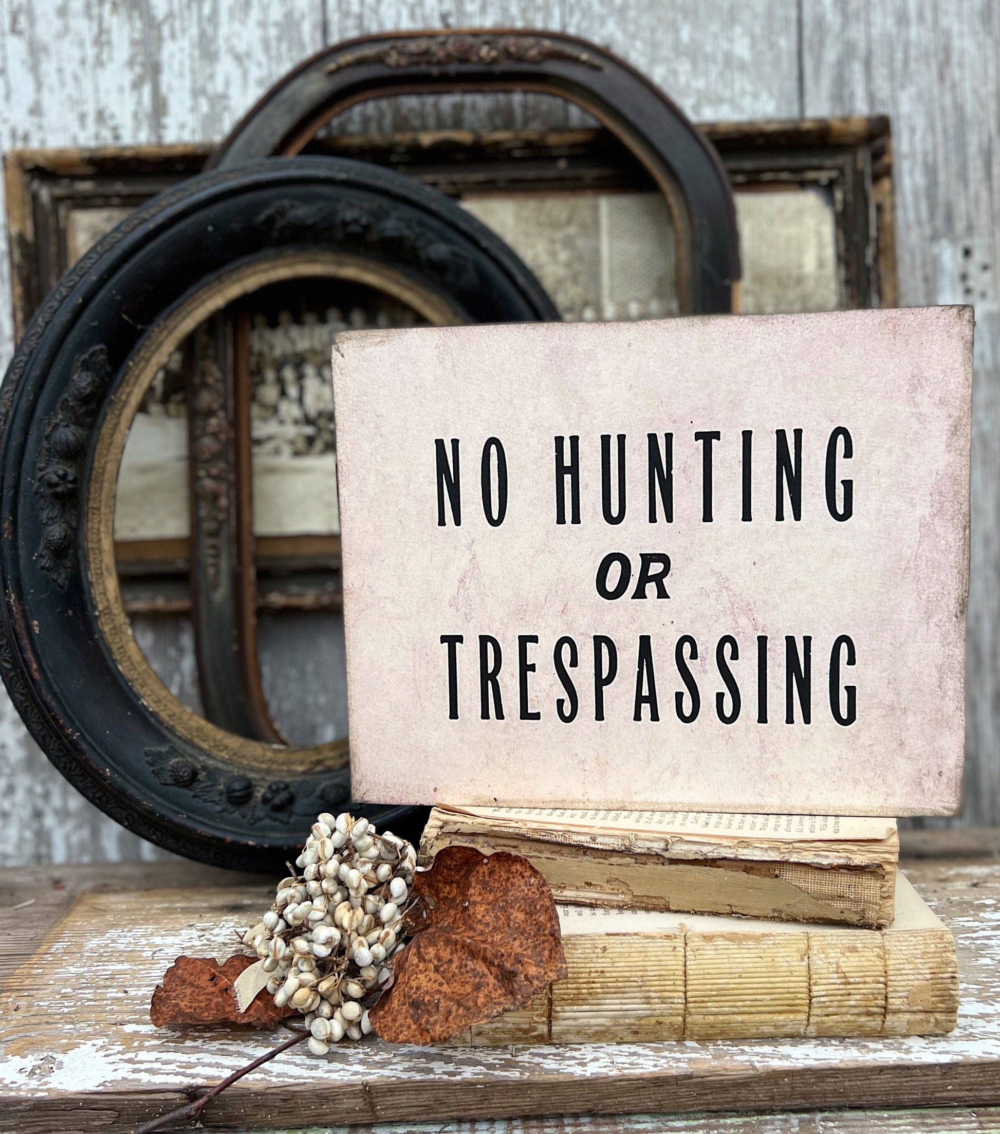 NO HUNTING or TRESPASSING Wood Sign Vintage Antique Farmhouse Decor Wall Art Print Decor Black Aged Cream Sign