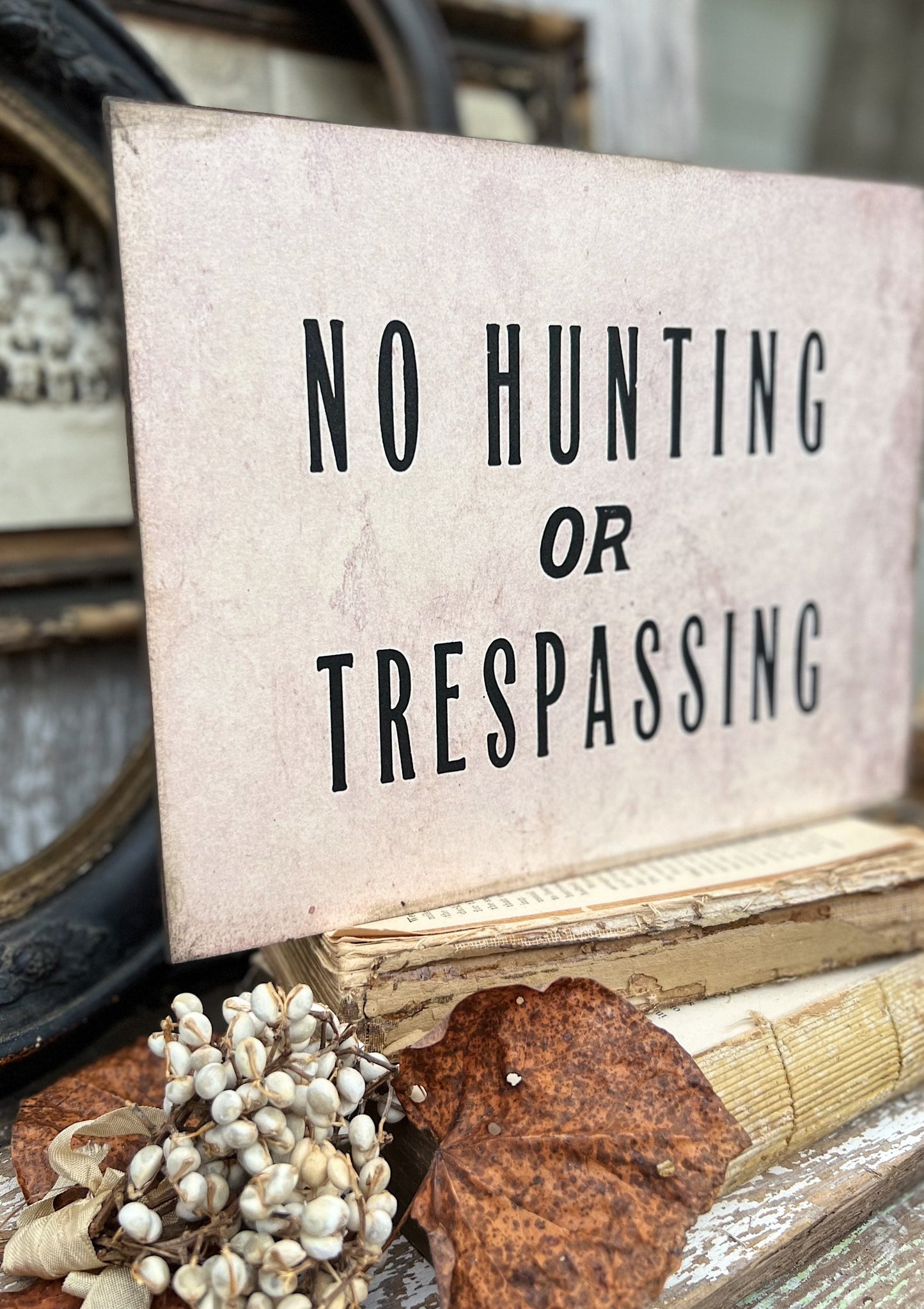 NO HUNTING or TRESPASSING Wood Sign Vintage Antique Farmhouse Decor Wall Art Print Decor Black Aged Cream Sign
