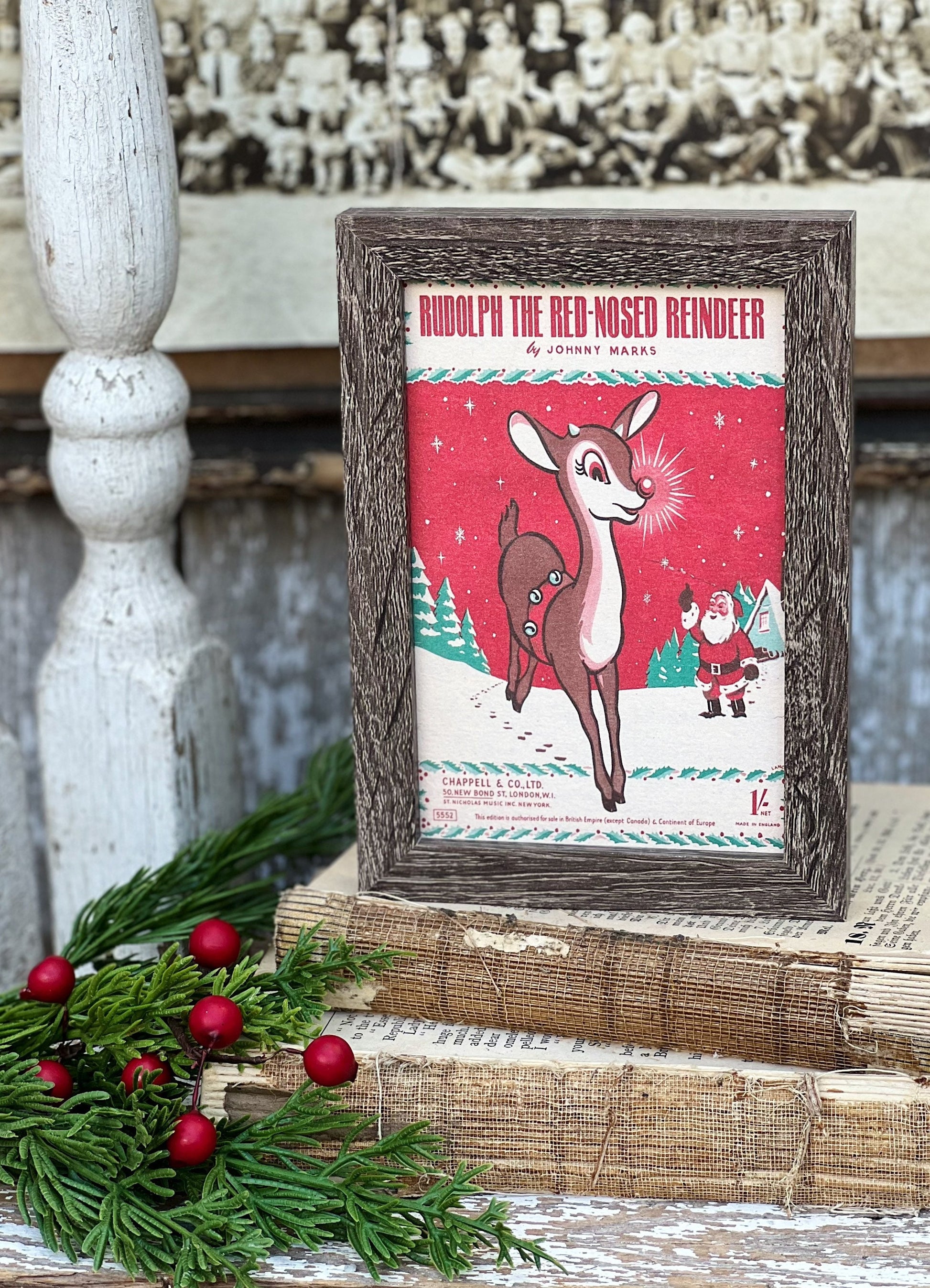 Vintage RUDOLPH REINDEER Sign Frame Farmhouse Christmas Winter Decor Barn Wood Rustic Primitive Framed Sign Illustration Retro