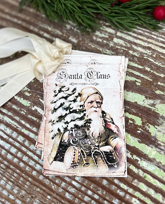 Christmas Gift Tags Vintage SANTA CLAUS with Tree Farmhouse Christmas Decor Christmas Card French Shabby Gift Wrap