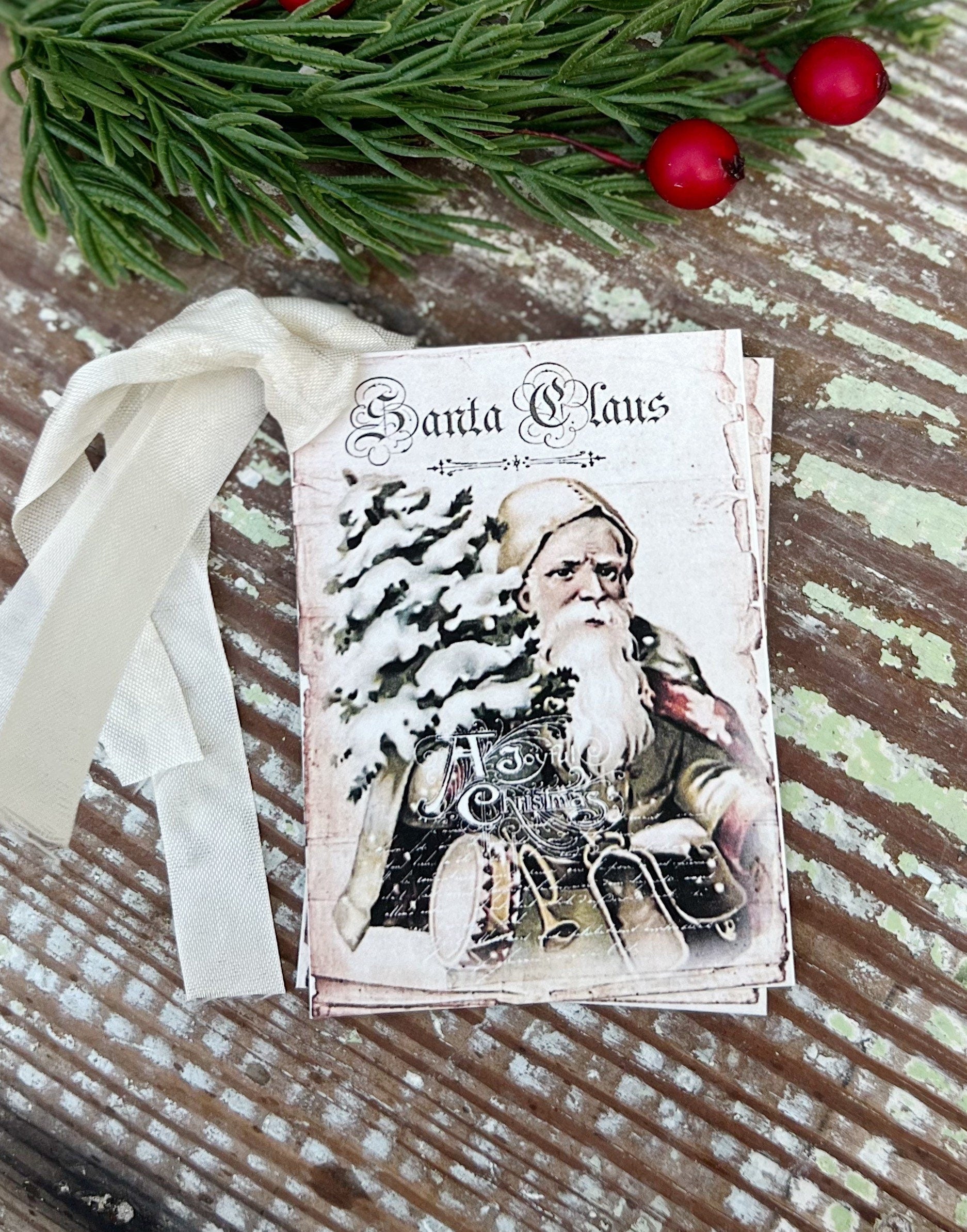Christmas Gift Tags Vintage SANTA CLAUS with Tree Farmhouse Christmas Decor Christmas Card French Shabby Gift Wrap