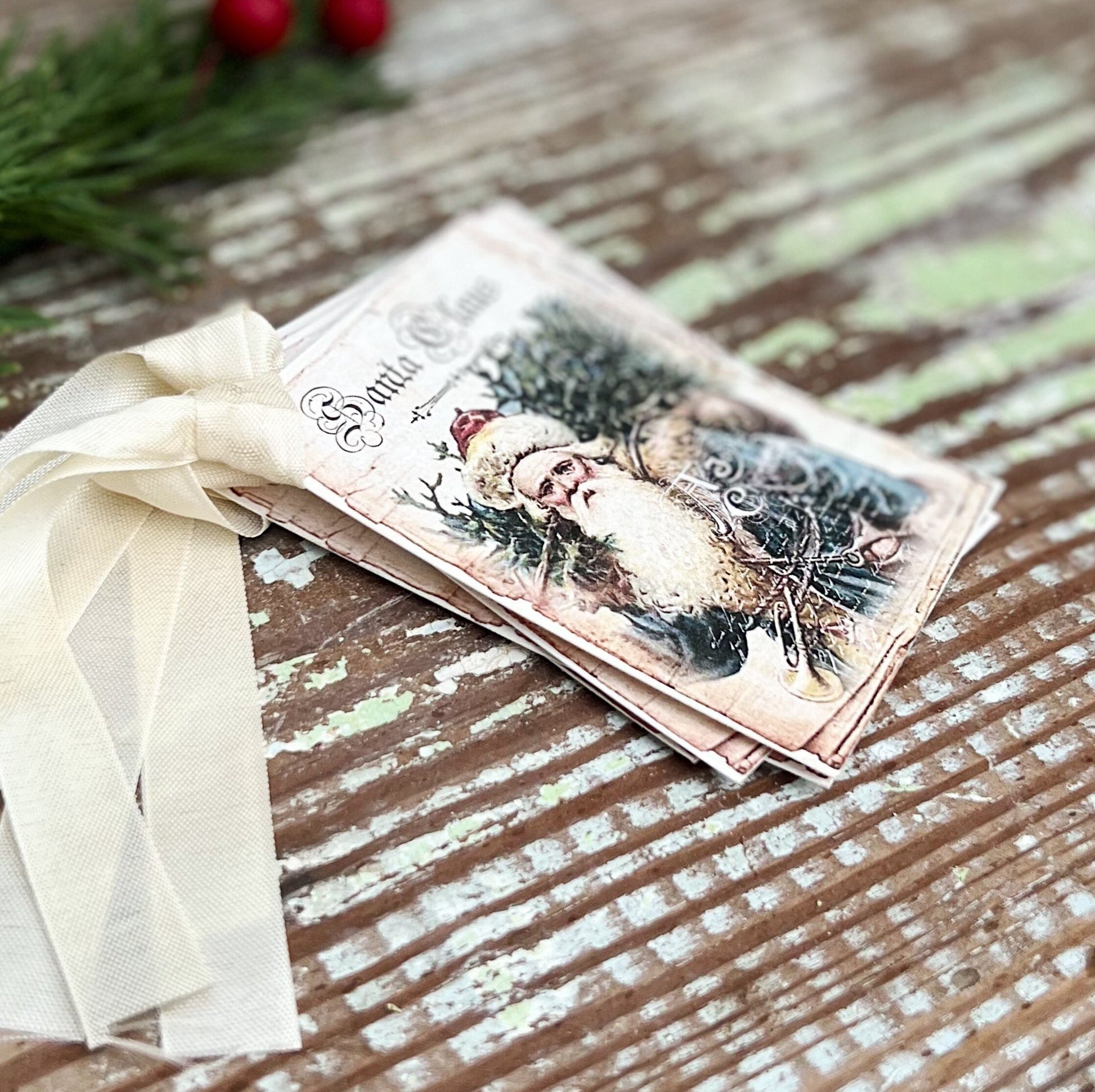 Christmas Gift Tags Vintage BLUE SANTA CLAUS with Tree Farmhouse Christmas Decor Christmas Card French Shabby Gift Wrap