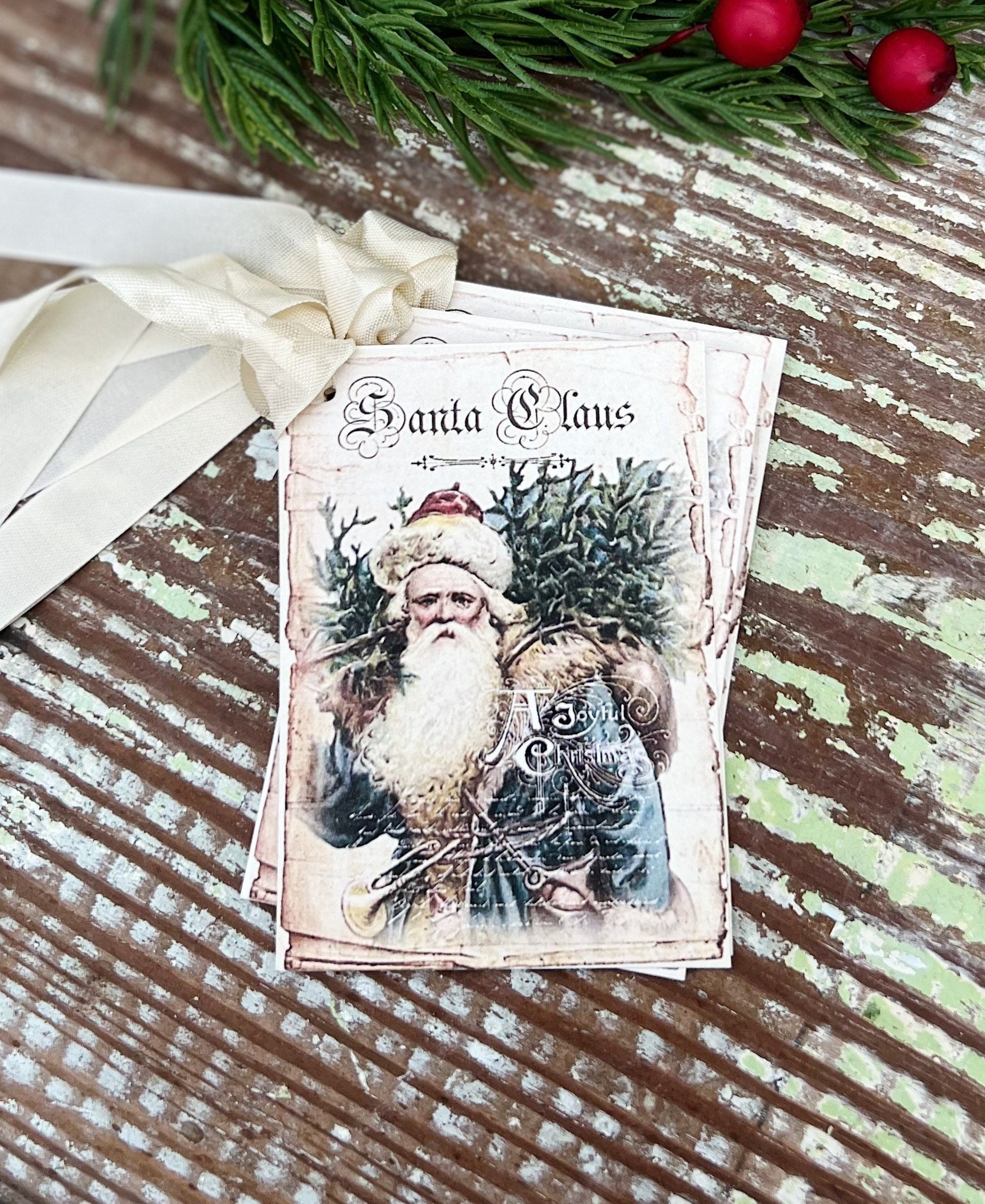 Christmas Gift Tags Vintage BLUE SANTA CLAUS with Tree Farmhouse Christmas Decor Christmas Card French Shabby Gift Wrap