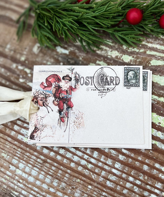 Christmas Gift Tags Vintage SANTA BICYCLE Post Card Farmhouse Decor Card French Shabby Gift Wrap Christmas Tree Ornament