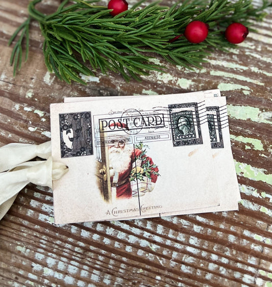 Christmas Gift Tags Vintage SANTA with Packages Post Card Farmhouse Decor Card French Shabby Gift Wrap Christmas Tree Ornament