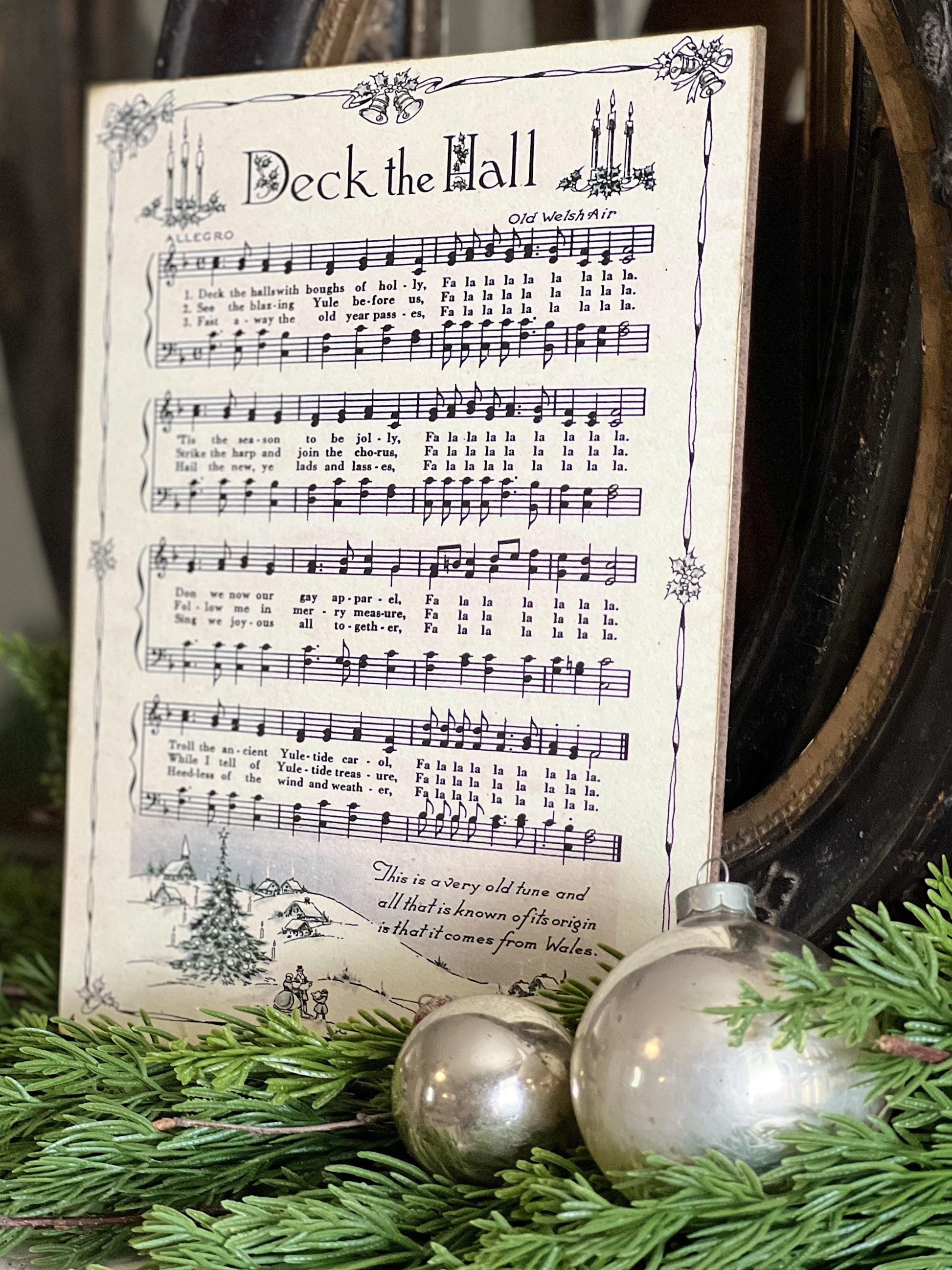 DECK THE HALLS Sign Wood Vintage Sheet Music Carol Christmas Decor Poster Farmhouse Decor Book Page Wall Art