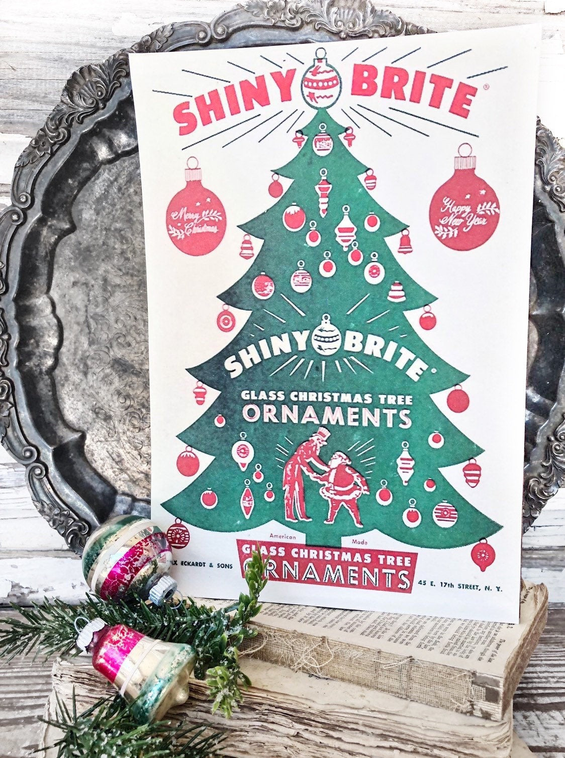 SHINY BRITE ORNAMENTS Wood Sign Red Green Farmhouse Christmas Decor Vintage Ornament Advertising Sign Wall Art Print