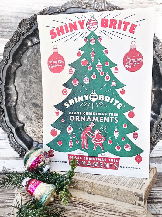 SHINY BRITE ORNAMENTS Wood Sign Red Green Farmhouse Christmas Decor Vintage Ornament Advertising Sign Wall Art Print