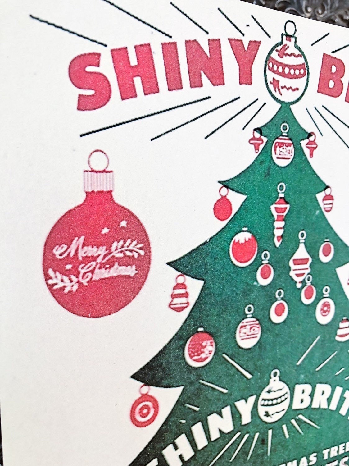 SHINY BRITE ORNAMENTS Wood Sign Red Green Farmhouse Christmas Decor Vintage Ornament Advertising Sign Wall Art Print