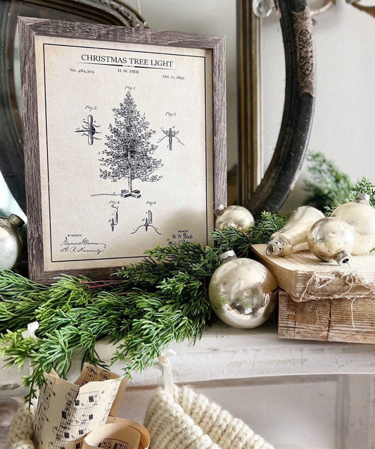 Christmas Patent TREE Wood Sign FRAMED Vintage Christmas Farmhouse Wall Art Print Primitive