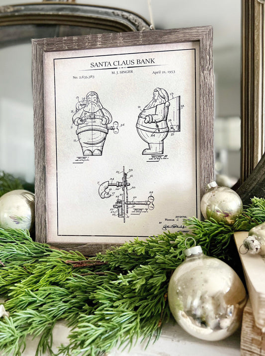Christmas Patent SANTA Wood Sign FRAMED Vintage Christmas Farmhouse Wall Art Print Primitive