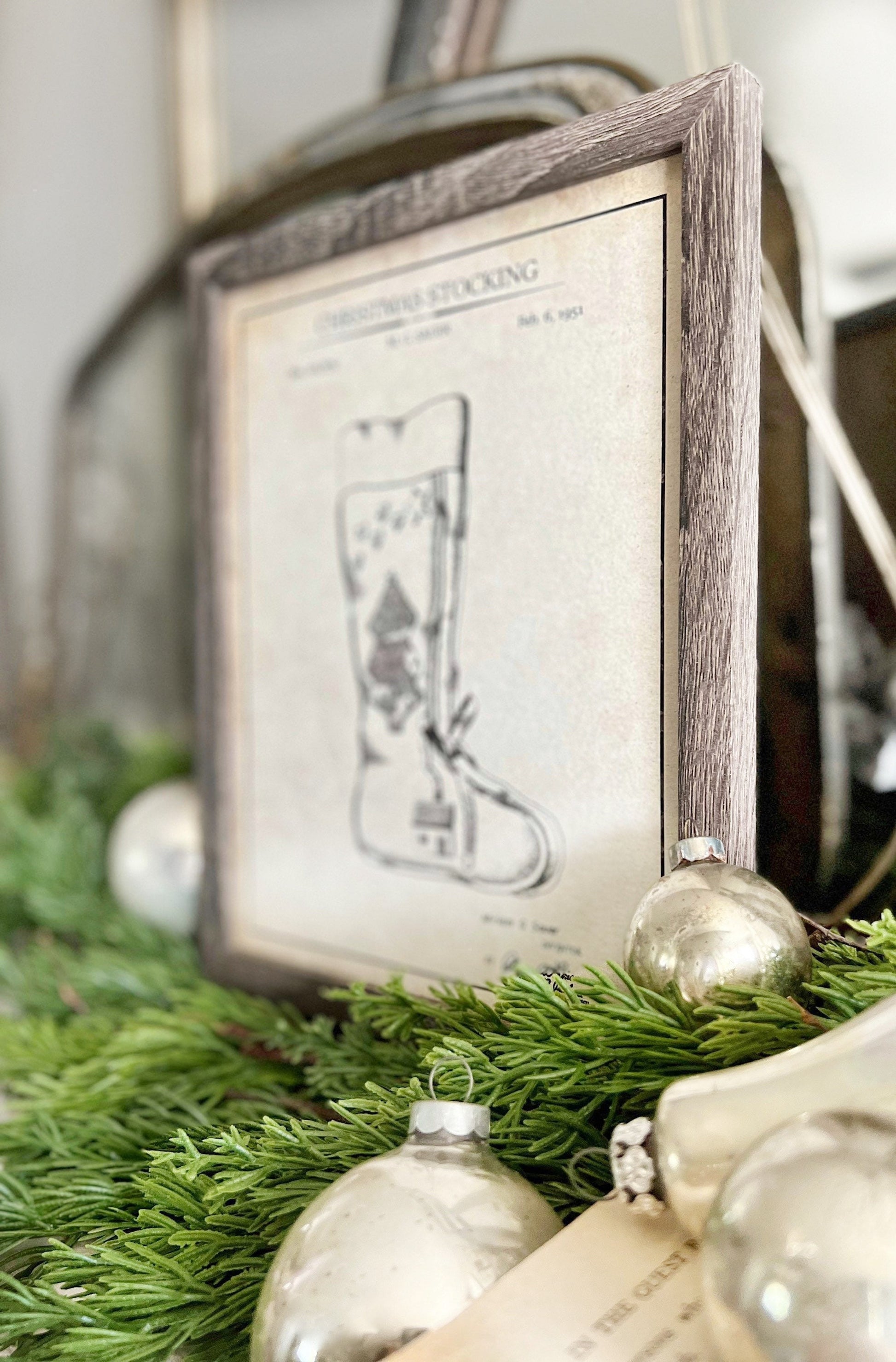 Christmas Patent STOCKING Wood Sign FRAMED Vintage Christmas Farmhouse Wall Art Print Primitive