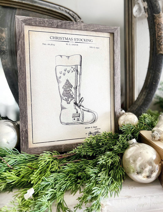Christmas Patent STOCKING Wood Sign FRAMED Vintage Christmas Farmhouse Wall Art Print Primitive