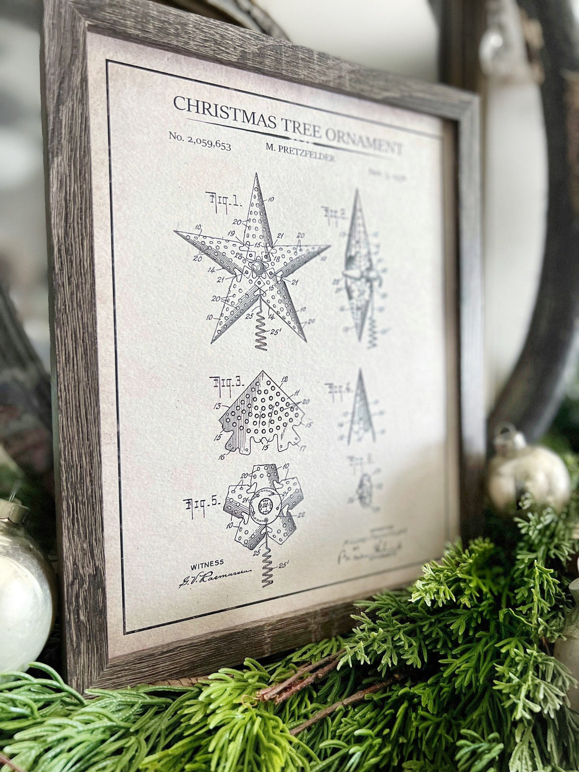 Christmas Patent TREE ORNAMENTS Wood Sign FRAMED Vintage Christmas Farmhouse Wall Art Print Primitive