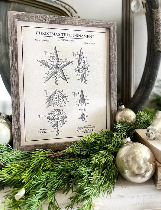 Christmas Patent TREE ORNAMENTS Wood Sign FRAMED Vintage Christmas Farmhouse Wall Art Print Primitive
