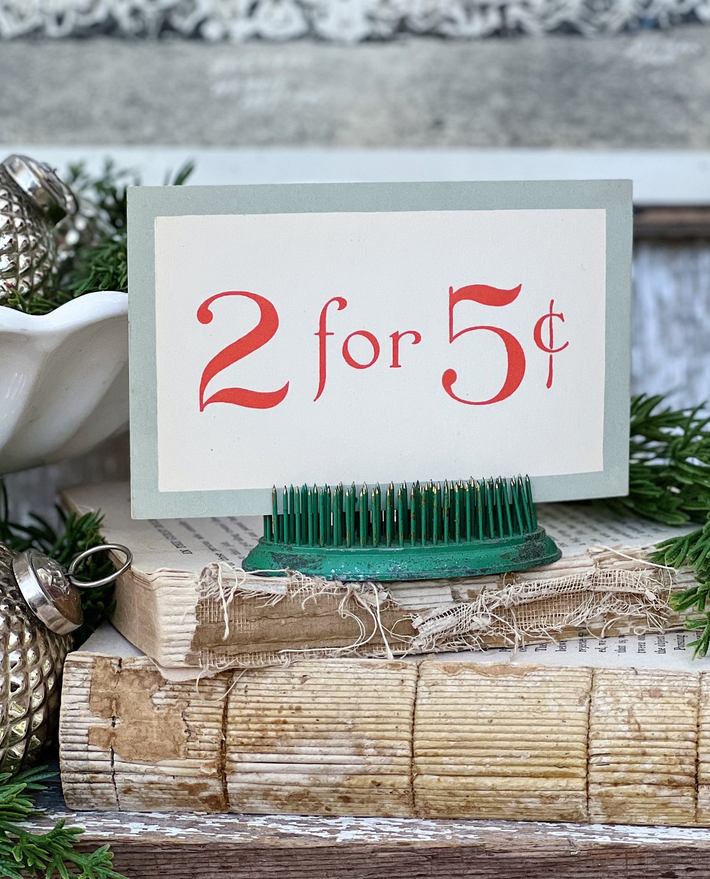 Vintage 2 For 5 Price Sign Tag Number Card CHRISTMAS Red Green Farmhouse Decor Cardboard Christmas Decor Grocery Store Salvage USA 25
