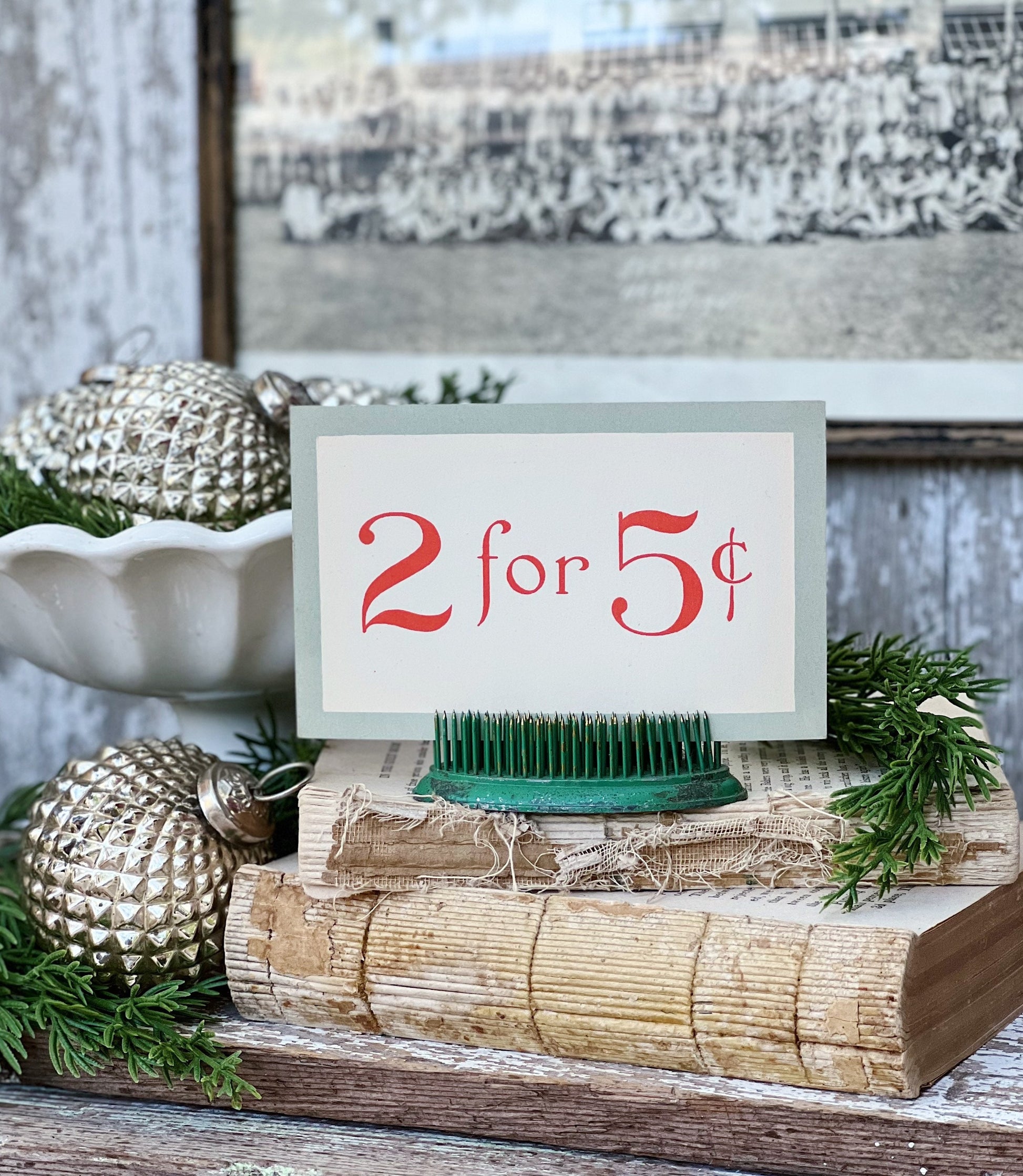 Vintage 2 For 5 Price Sign Tag Number Card CHRISTMAS Red Green Farmhouse Decor Cardboard Christmas Decor Grocery Store Salvage USA 25