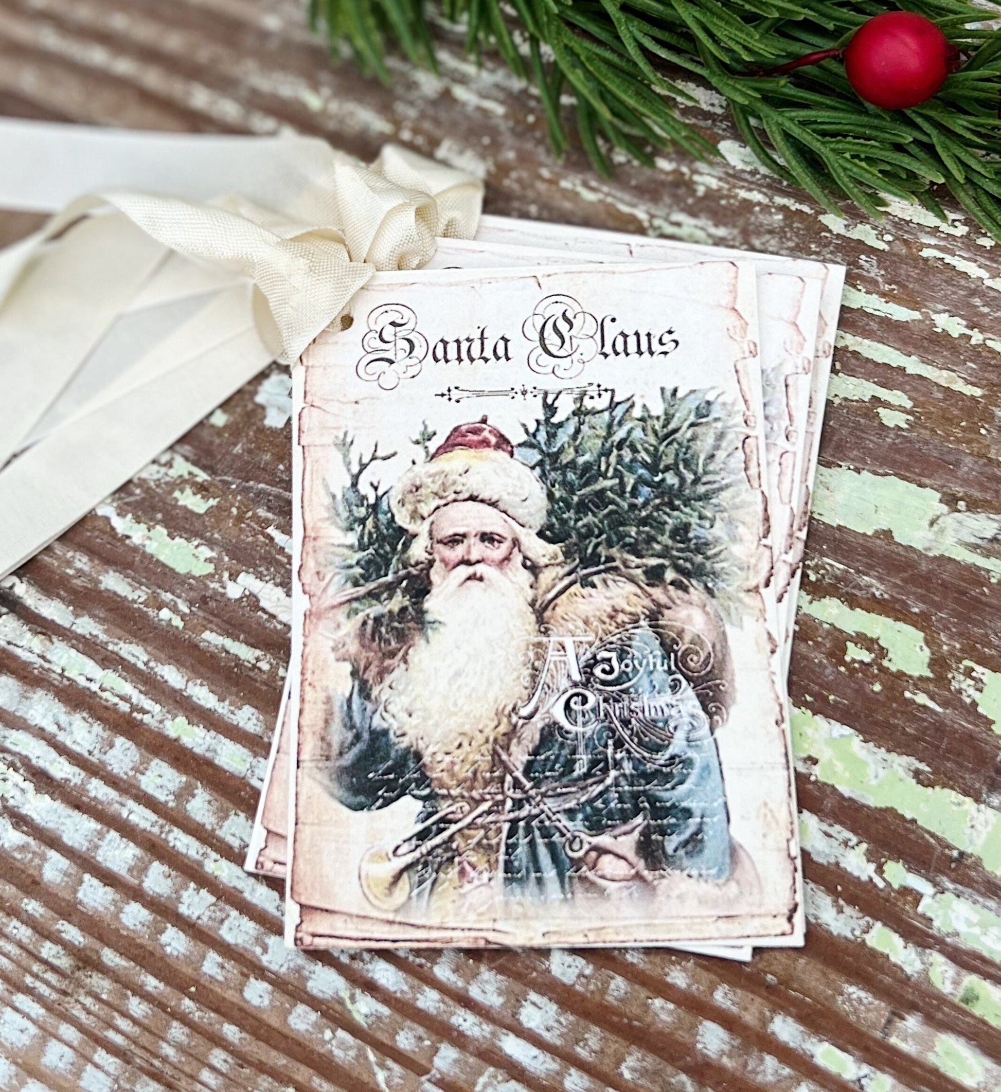 Christmas Gift Tags Vintage BLUE SANTA CLAUS with Tree Farmhouse Christmas Decor Christmas Card French Shabby Gift Wrap