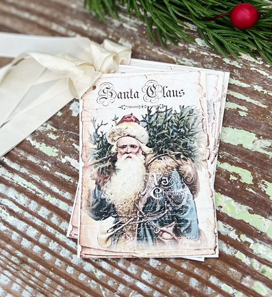 Christmas Gift Tags Vintage BLUE SANTA CLAUS with Tree Farmhouse Christmas Decor Christmas Card French Shabby Gift Wrap