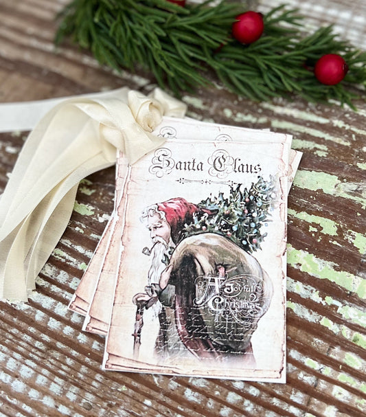 Christmas Gift Tags Vintage SANTA CLAUS with Tree and Pipe Farmhouse Christmas Decor Christmas Card French Shabby Gift Wrap
