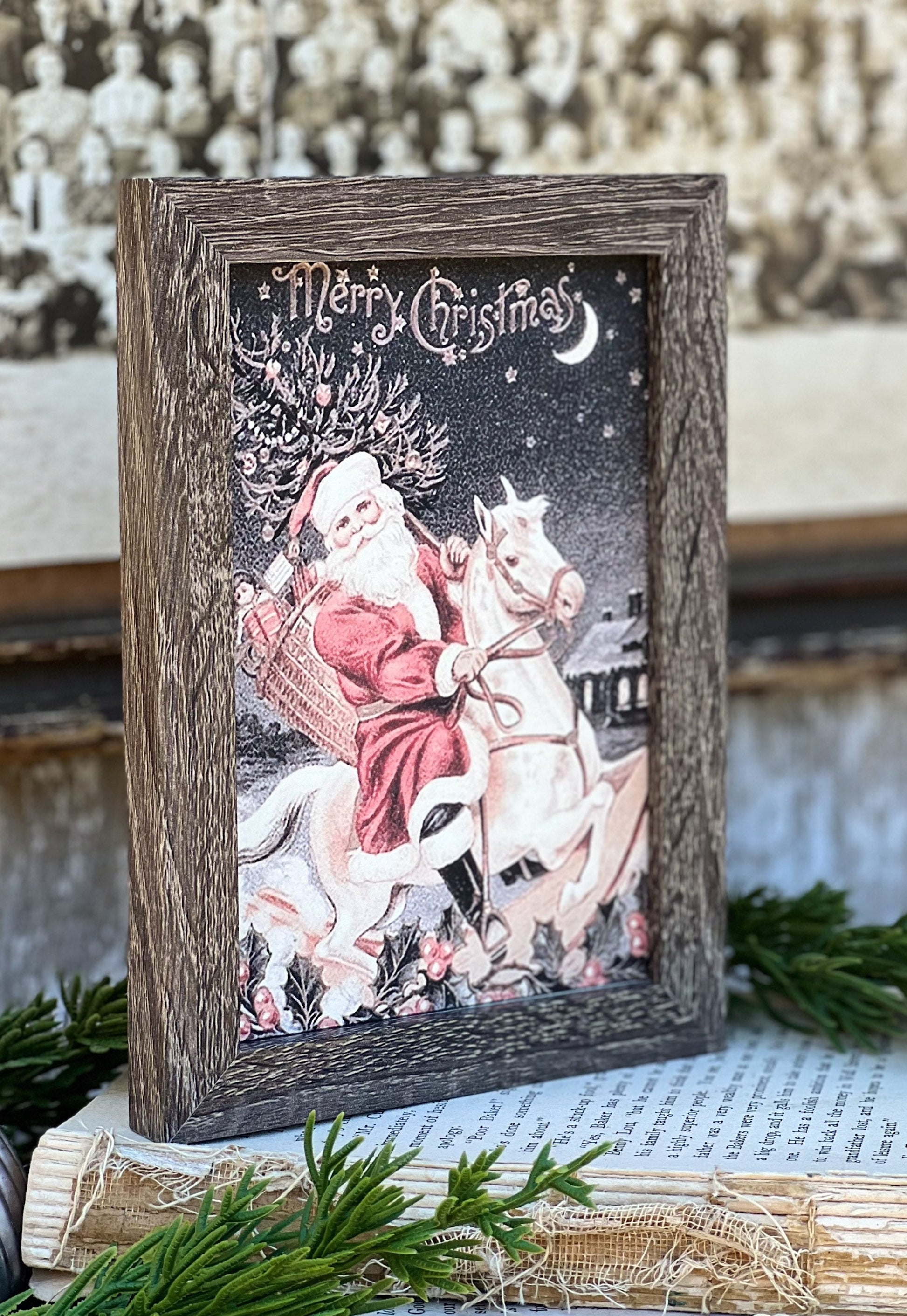 Vintage Christmas Frame SANTA ON HORSE Framed Sign Farmhouse Christmas Decor Barn Wood Rustic Christmas Sign Primitive Merry Christmas