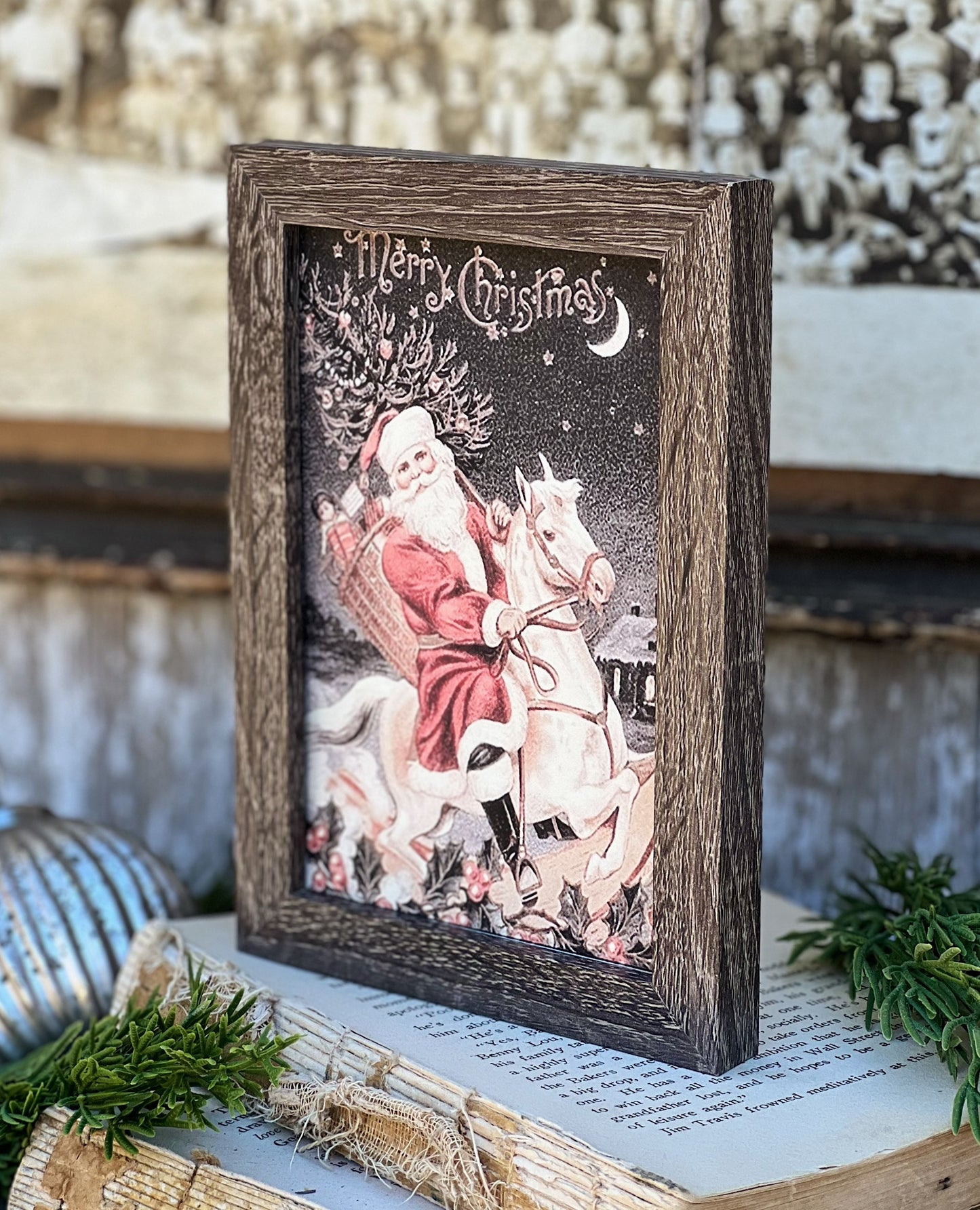 Vintage Christmas Frame SANTA ON HORSE Framed Sign Farmhouse Christmas Decor Barn Wood Rustic Christmas Sign Primitive Merry Christmas