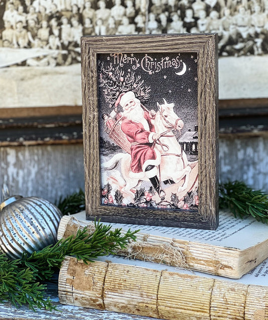 Vintage Christmas Frame SANTA ON HORSE Framed Sign Farmhouse Christmas Decor Barn Wood Rustic Christmas Sign Primitive Merry Christmas