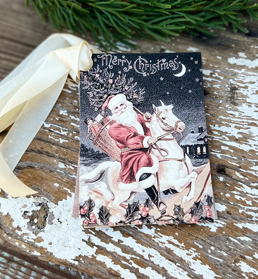 Christmas Vintage Gift Tags Old World SANTA CLAUS On HORSE St Nick Farmhouse Christmas Decor Card French Shabby Gift Wrap Merry Christmas