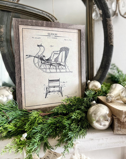 Christmas Patent SLED Wood Sign FRAMED Vintage Christmas Farmhouse Wall Art Print Primitive