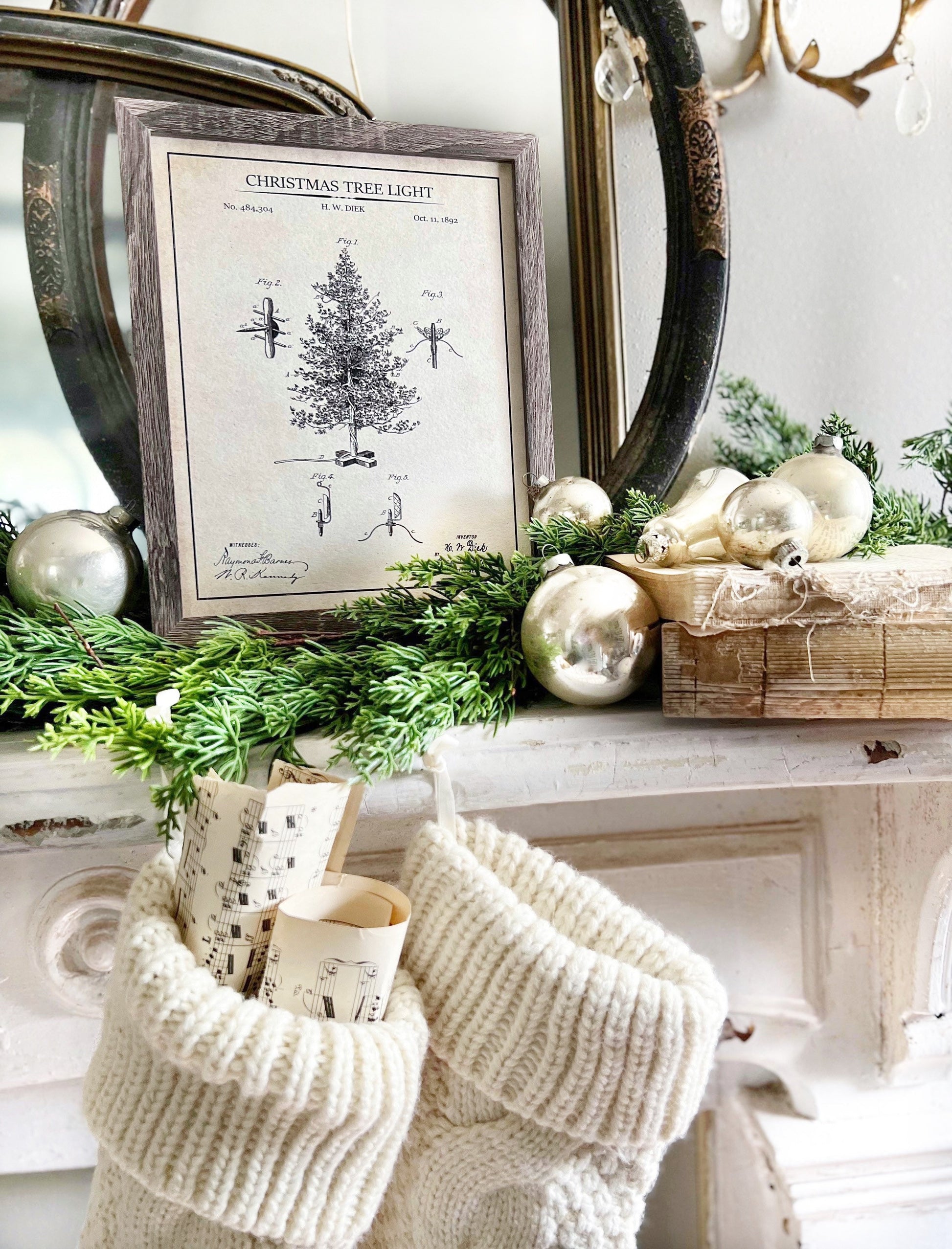 Christmas Patent TREE Wood Sign FRAMED Vintage Christmas Farmhouse Wall Art Print Primitive