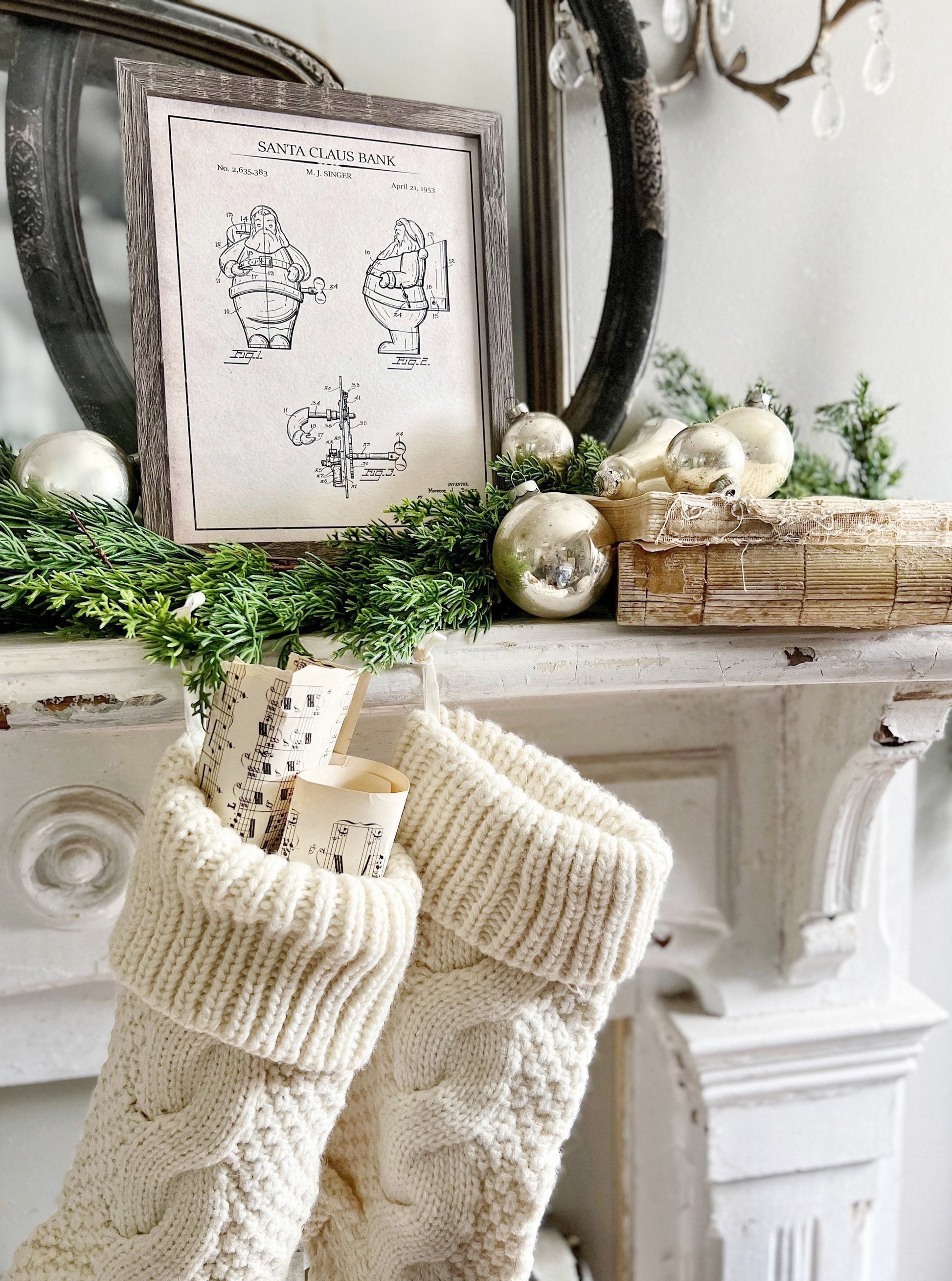 Christmas Patent SANTA Wood Sign FRAMED Vintage Christmas Farmhouse Wall Art Print Primitive