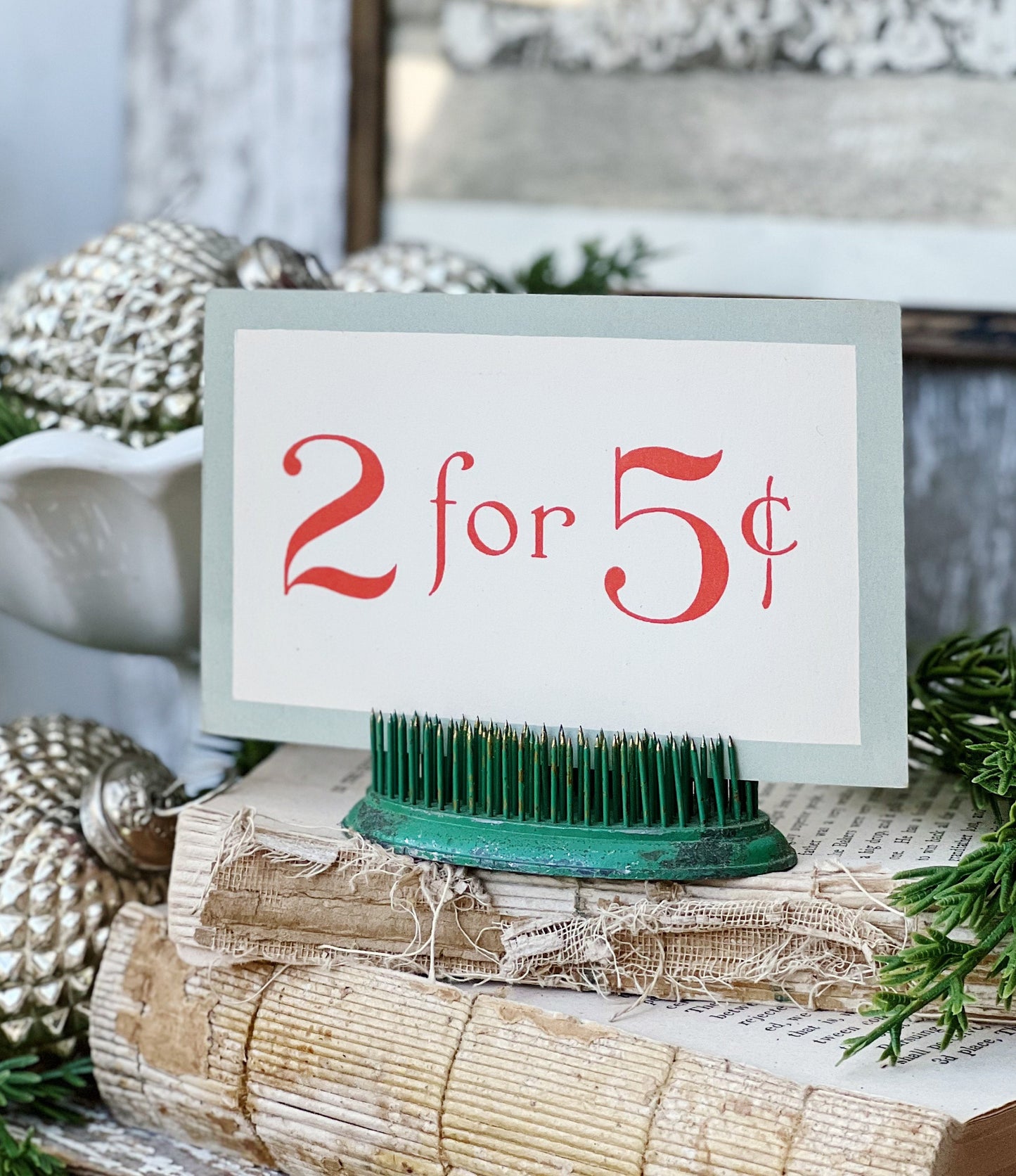 Vintage 2 For 5 Price Sign Tag Number Card CHRISTMAS Red Green Farmhouse Decor Cardboard Christmas Decor Grocery Store Salvage USA 25